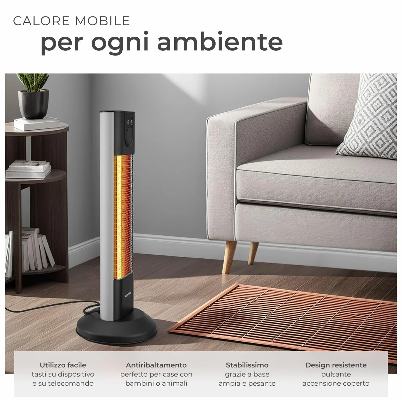 tectake® Radiatore a Infrarossi 1500W, LED, Timer, 3 Livelli di Potenza, Telecomando, Alluminio Inossidabile, Protezione Antiribaltamento, Riscaldamento Diretto, per camping, interno ed esterno - Nero