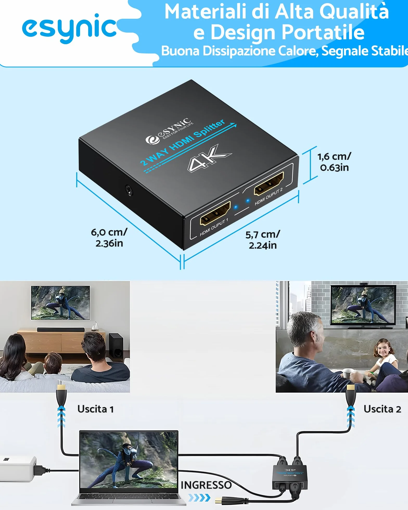 ESYNiC HDMI Splitter 1 in 2 Out 4K/30Hz con Cavo HDMI 1m e USB-C, UHD 4Kx2K Amplificatore Distributore, Supporta 3D 1080P 2160P HDCP 1.4