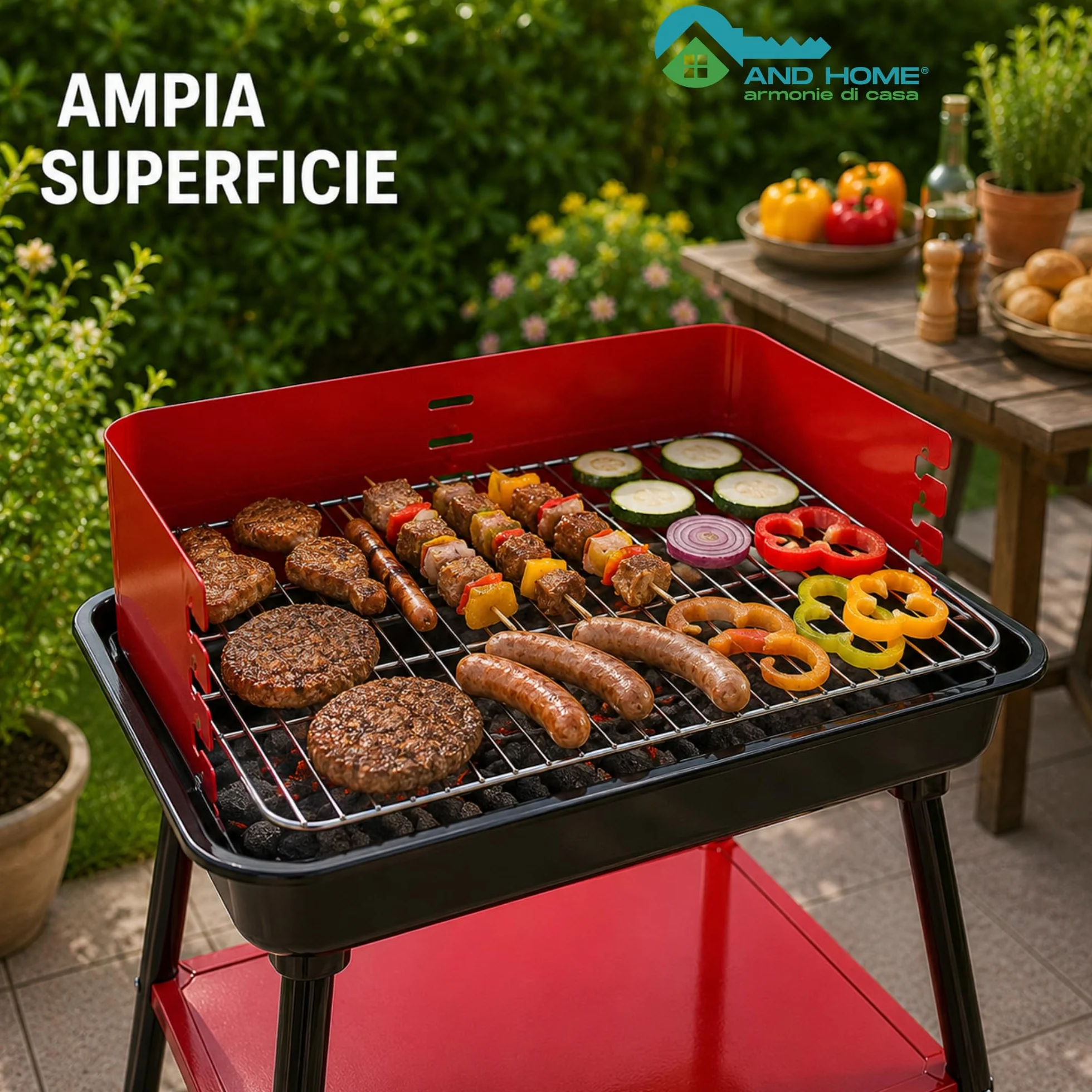 Barbecue Carbonella Rettangolare Stabile 4 Posizioni Cottura Griglia Cromata Rimovibile 53x34,5 cm Acciaio Carbonio
