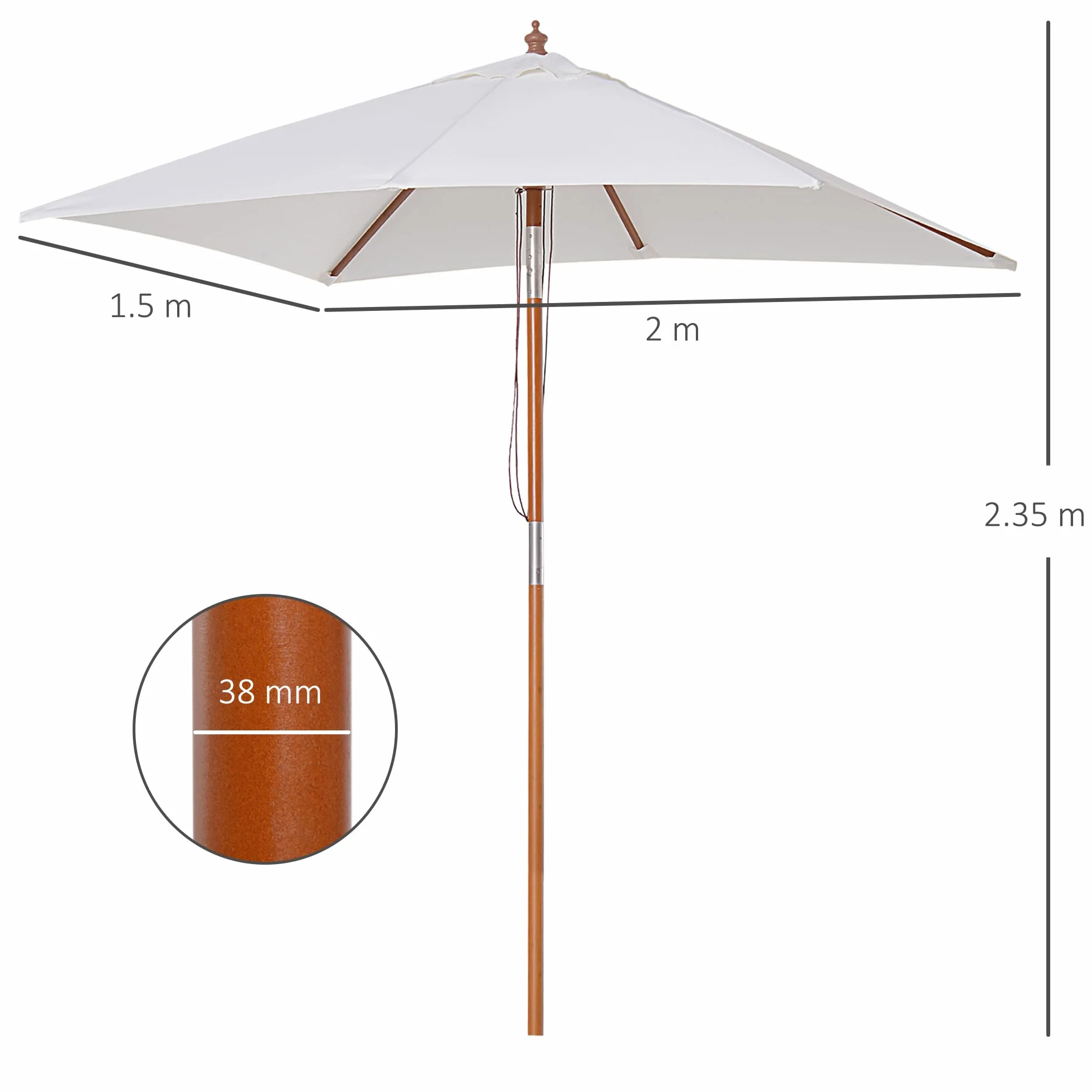 Outsunny Ombrellone da Giardino Inclinabile 2x1.5 m con Sistema a Corda e Presa d'Aria, Ombrellone da Esterno a 6 Stecche, in Legno, Bambù e Poliestere 180g/㎡, per Cortile Balcone Terrazzo, Crema