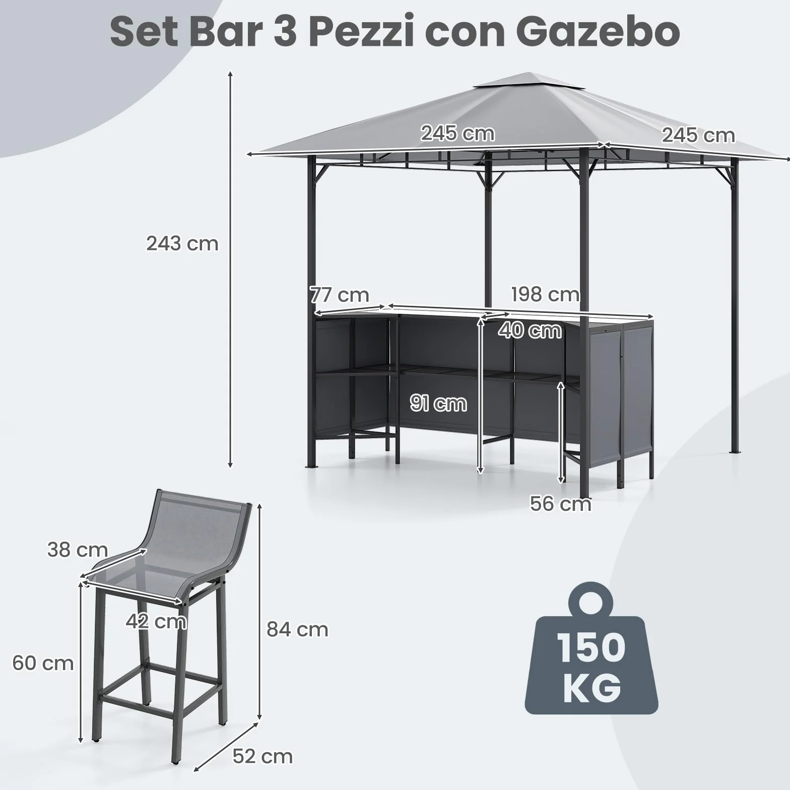 RELAX4LIFE Set di Mobili da Patio 3PZ, Pergola per BBQ a 2 Livelli, con 2 Sgabelli da Bar, Tavolo in Vetro Temperato, Mensola Portaoggetti, Portabicchieri, Gazebo per Grigliate per Feste Giardino
