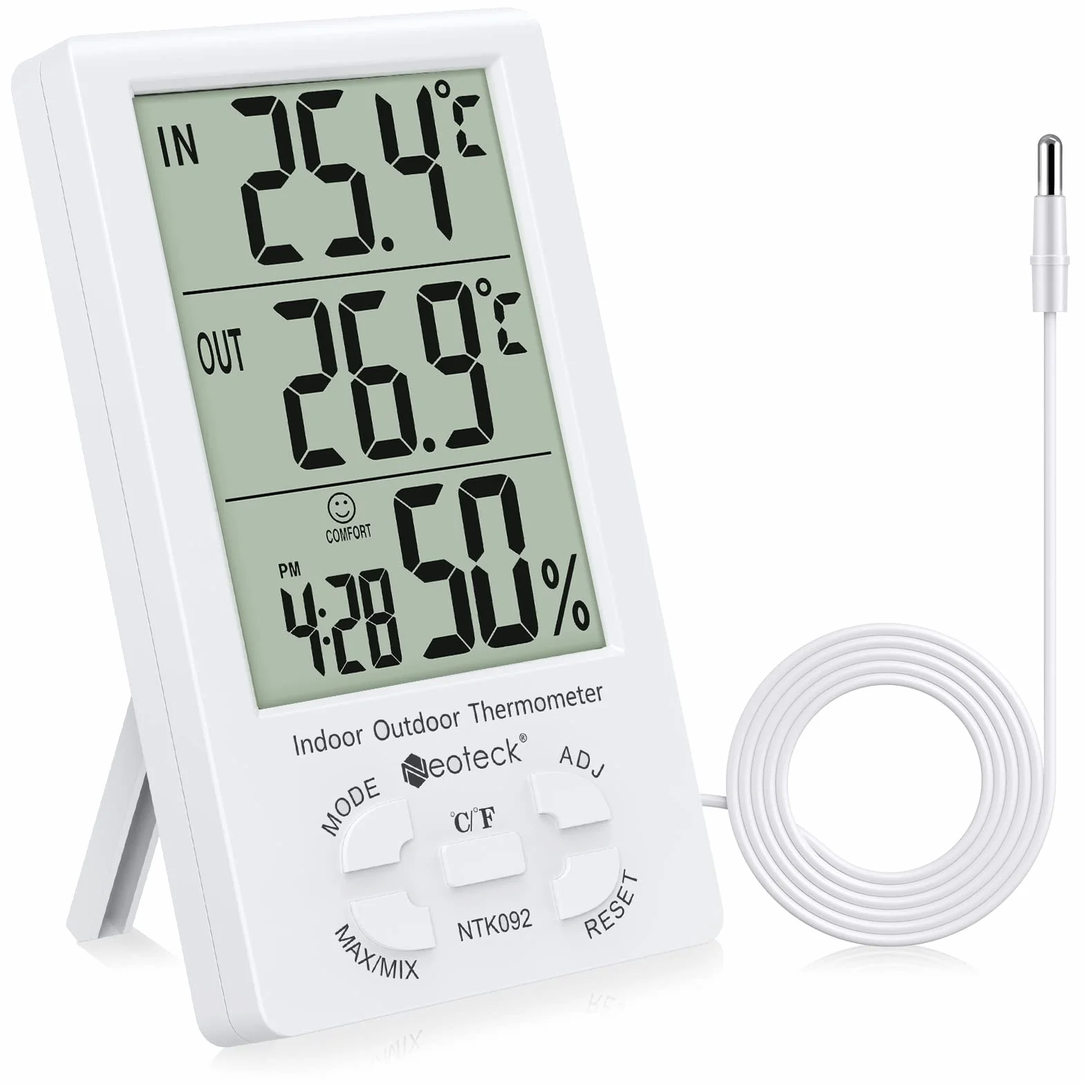 Neoteck Digitale LCD Termometro Igrometro Interno Esterno Misuratore Temperatura Umidità Valore Min/Max con Funzione Sveglia e 1.5M Filo di Sensore per Controllo di Aria Condizionata - Bianco