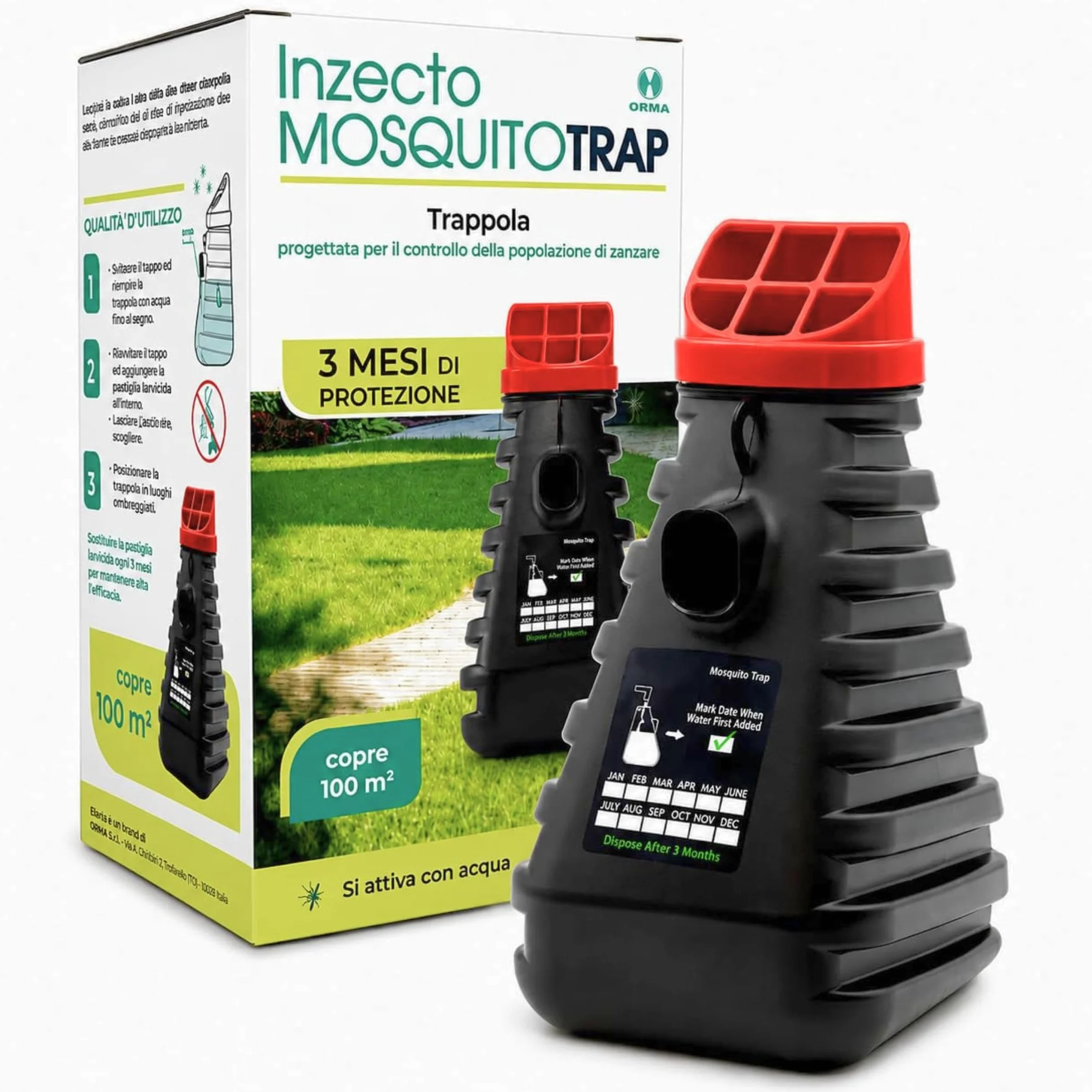 MOSQUITO TRAP | 1 PZ Trappola Zanzare Esterno Efficace 3 Mesi - Larvicida e Adulticida con Tecnologia a Rilascio Lento - Copertura 100mq - Esca Organica Inclusa - Antizanzare Prodotto