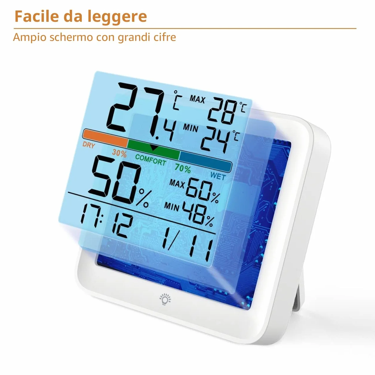 NOKLEAD Igrometro Termometro per interni Misuratore di umidità digitale LCD retroilluminato con orologio Registrazioni max/min