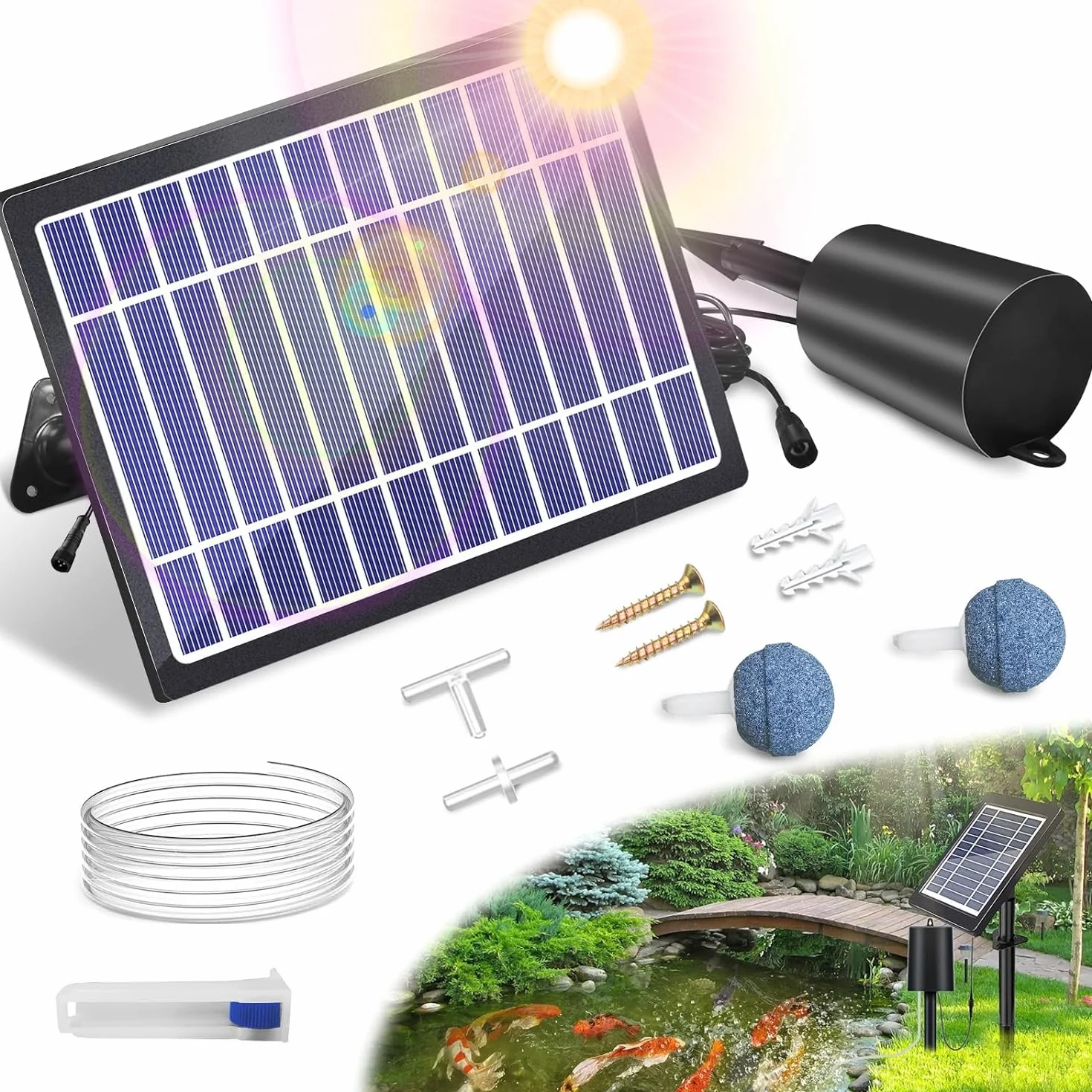 solar powered aerator,aeratore solare per stagni all'aperto, pompa ad aria ad energia solare da 4 W e 2200mAh,3 modalità (18H/36H/72H) con regolatore di bolle per