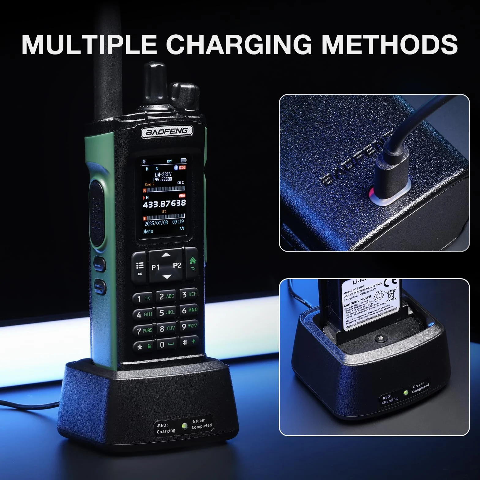 Radio BAOFENG DM-32UV DMR 10W portatile UHF/VHF/AM/FM con GPS e APRS digitale, doppio slot Tier II, display 2", 4000 canali, zielona