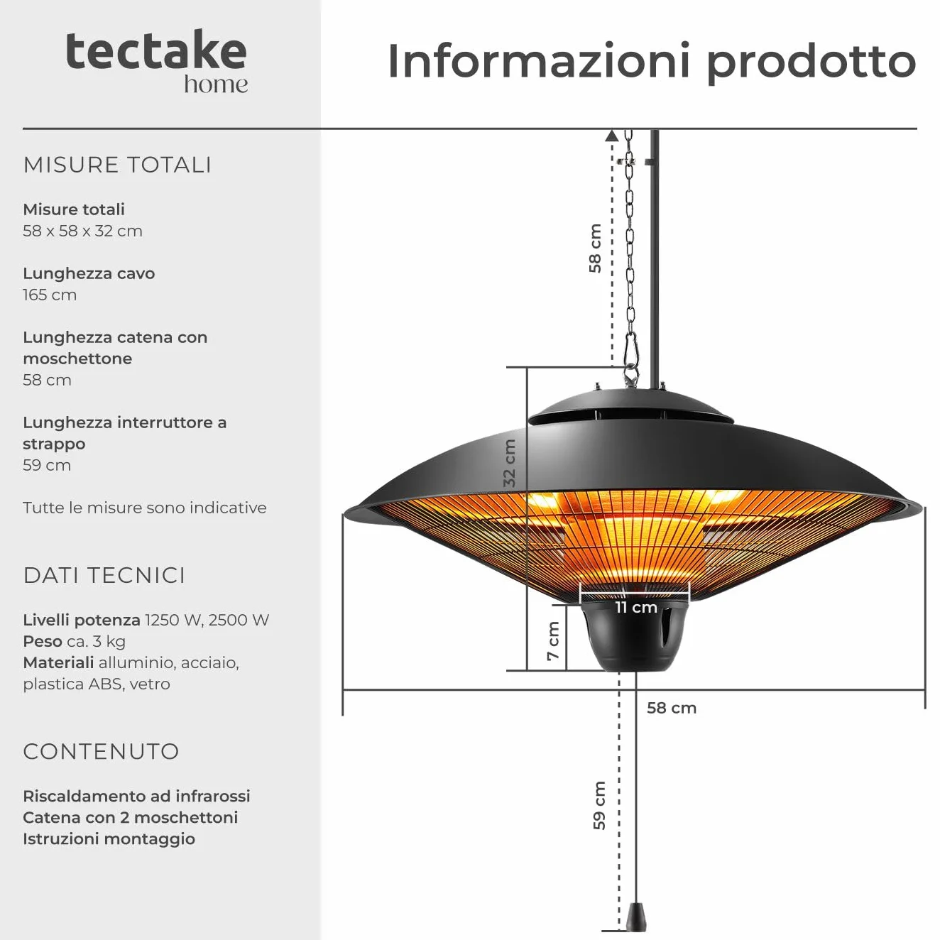 Tectake Riscaldatore a Infrarossi 2500W da Appendere, Struttura in Alluminio Inossidabile, Nero