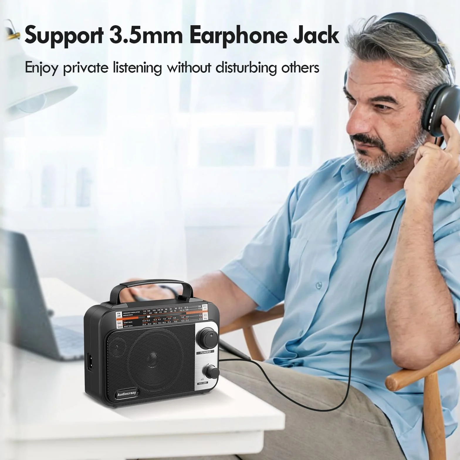 Radio Portatile AM/FM/SW1-2 Multibanda 1800 mAh Batteria Ricaricabile Nero