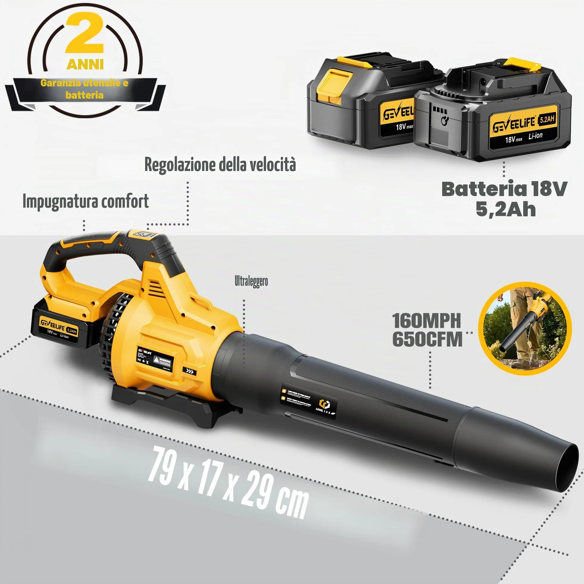 GEVEELIFE Soffiatore elettrico a batteria, 18 V, 257 km/h, con batterie a 3 marce e 2 batterie da 5,2 Ah, senza fili, per giardino, foglie, polvere e neve (batteria inclusa), giallo