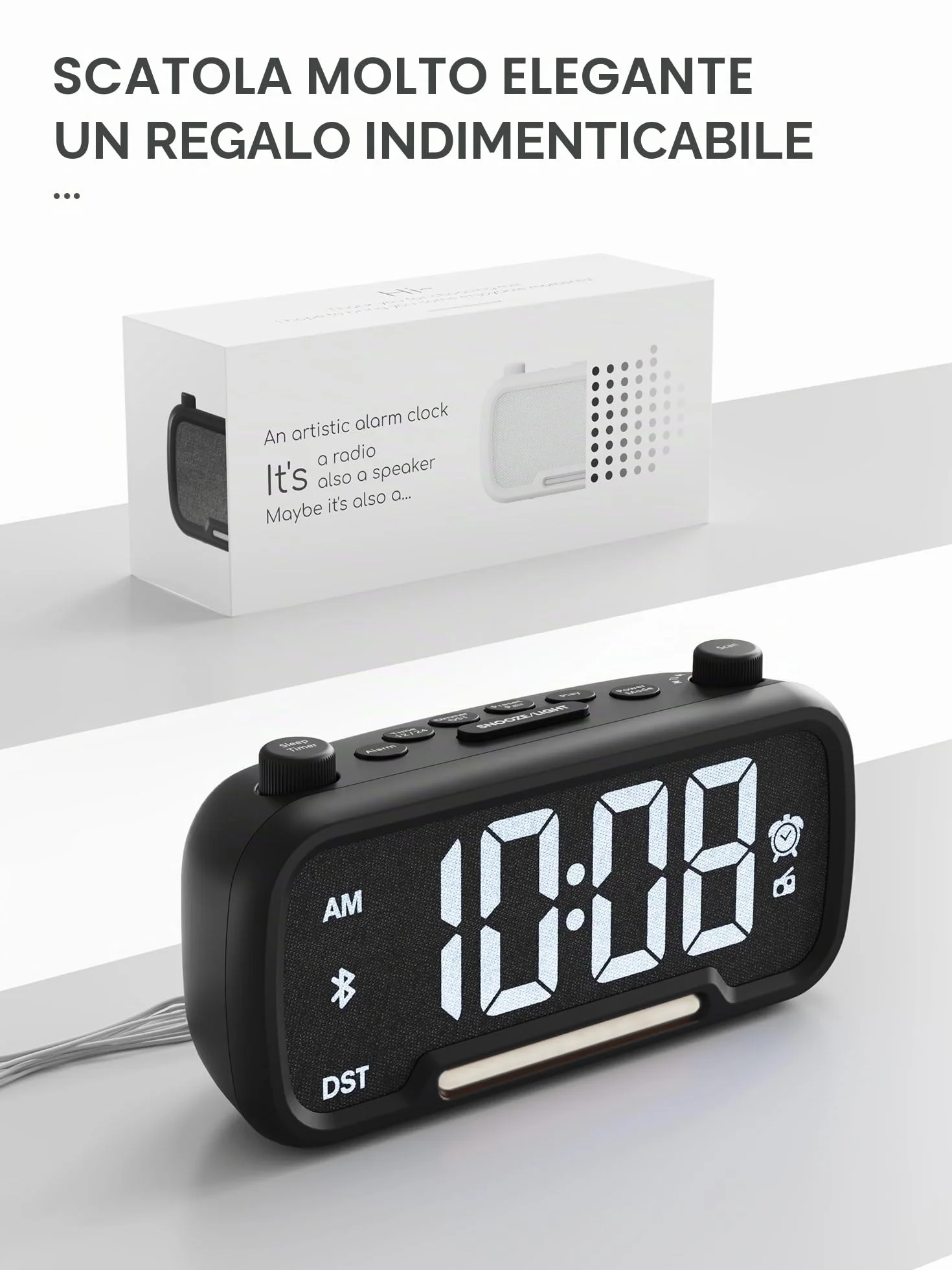 ROCAM Sveglia Digitale da Comodino Radiosveglia Orologio Digitale da Tavolo Funzionamento a rete Dimmer Luce notturna USB Tipo-C DST Batteria di Backup Radio da Cucina