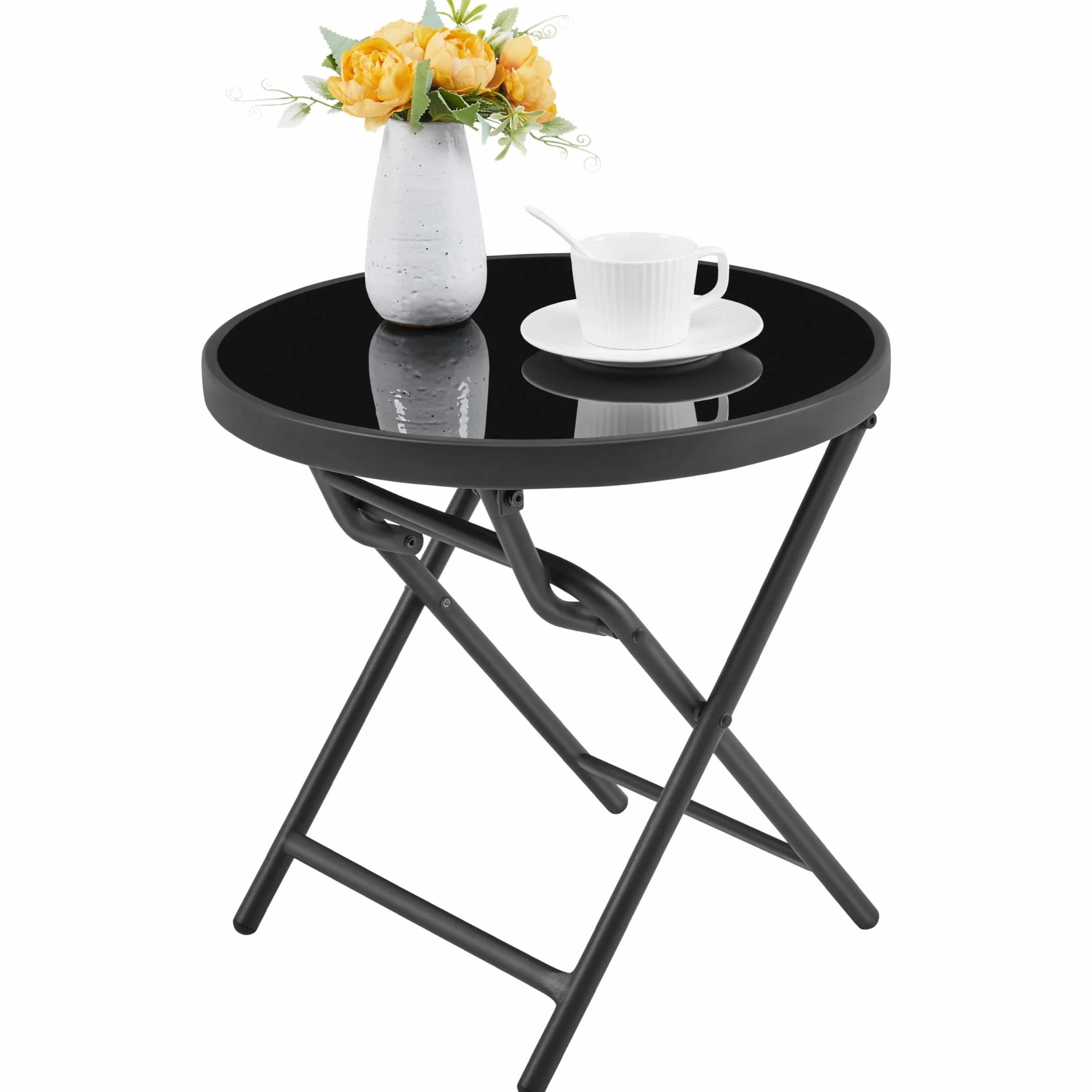 Yaheetech Tavolino Rotondo Pieghevole Dia.46 cm in Vetro e Metallo Resistente alle Intemperie Nero