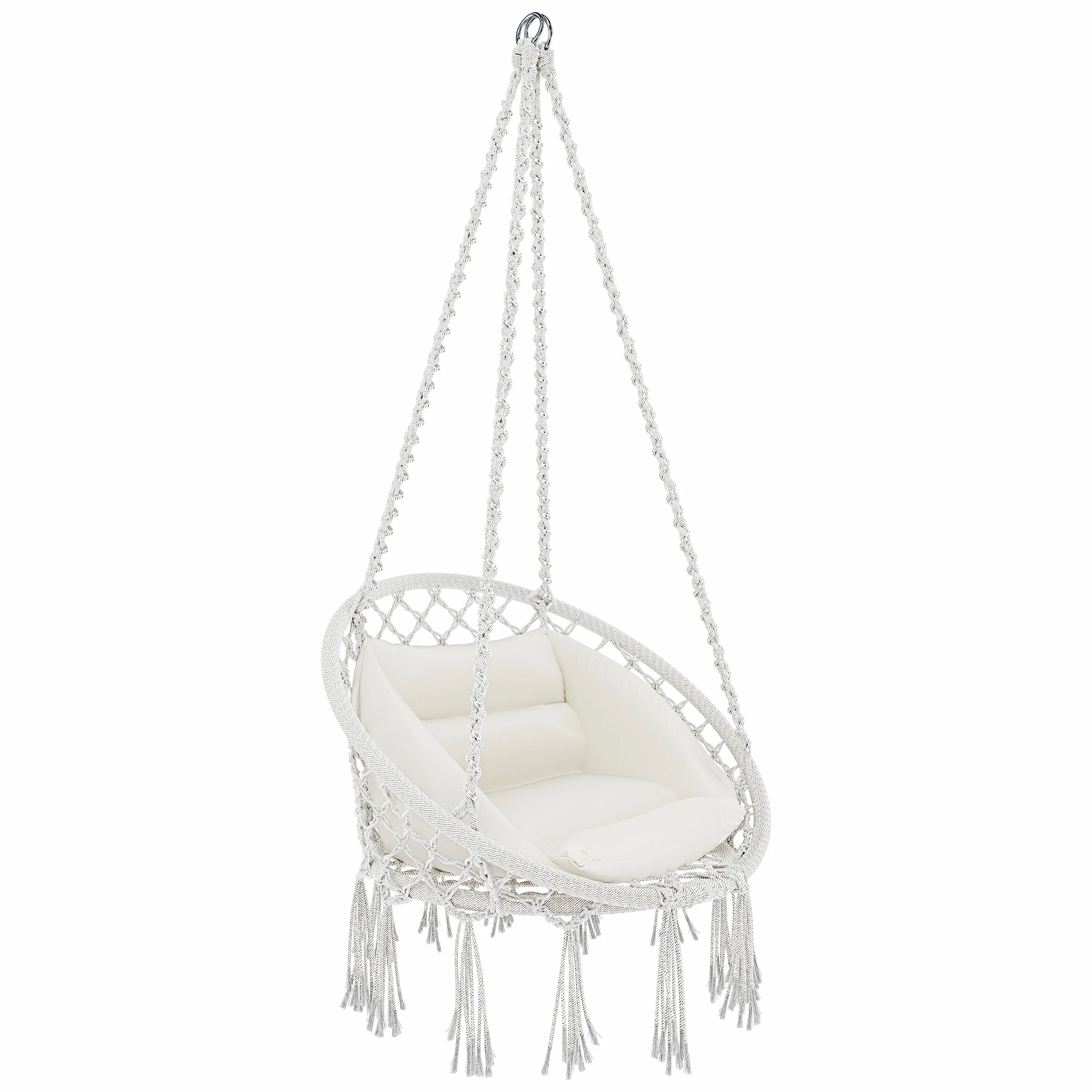 BRICOZONE Poltrona Sospesa Pensile Da Giardino Con Corda In Cotone Effetto Macramè Cuscino Sedia Dondolo Amaca Con Seduta Imbottita Esterno Terrazzo Design Moderno Fino A 160 Kg (Beige)