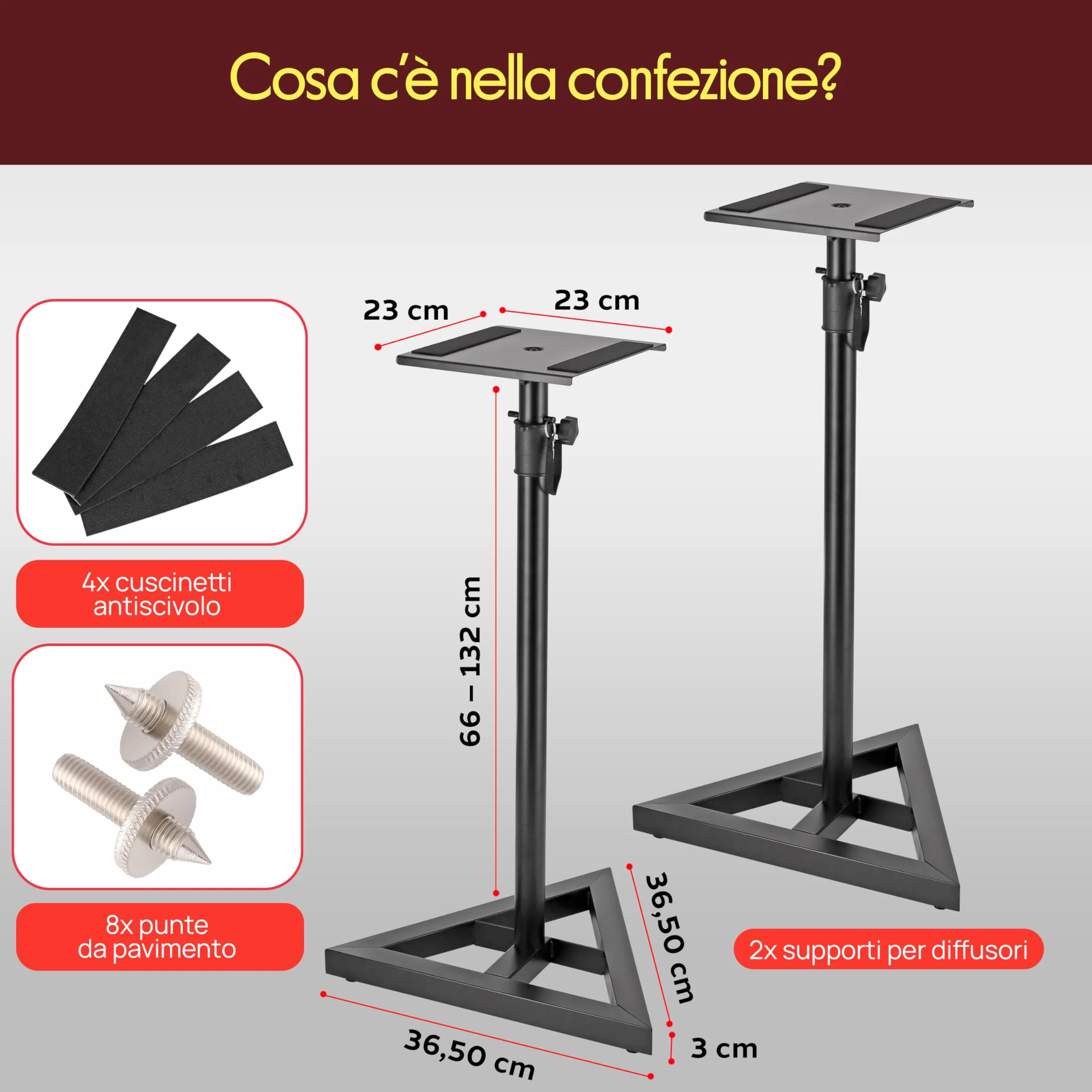 Pyle Stativi per Casse Altezza Telescopica Regolabile 66-132 cm Base Triangolare Piattaforma Quadrata 23 cm Supporto Altoparlanti