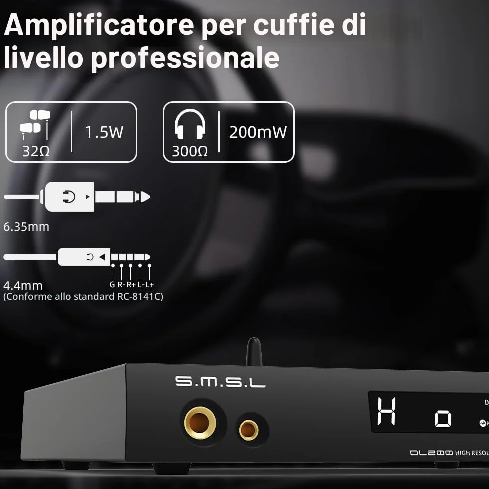 SMSL DL200 ES9039Q2M DAC Amplificatore HiFi per Cuffie 6,35mm 4,4mm Bilanciato RCA USB2.0/1.1 TND+N -123 dB