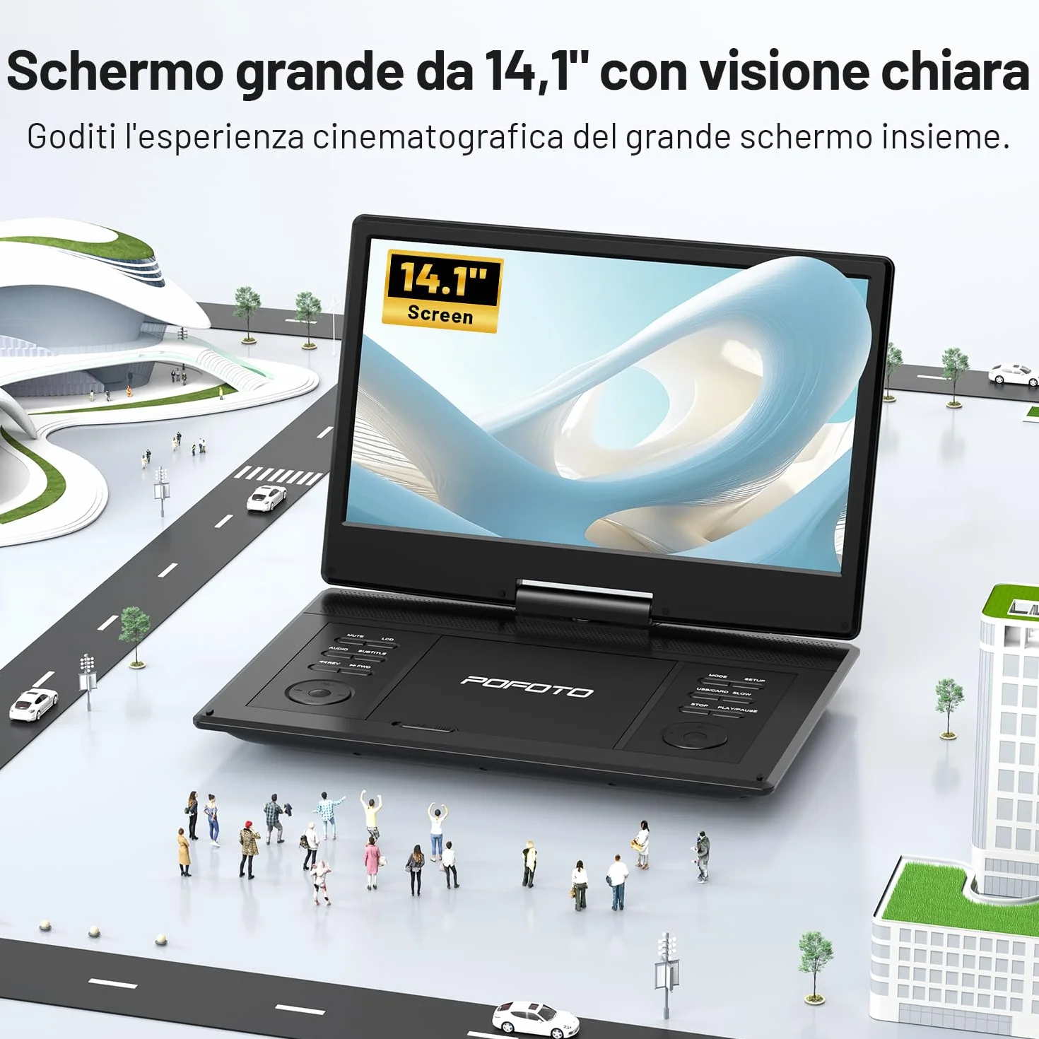 POFOTO Lettore DVD Portatile 15,7'' Schermo HD Ruotabile 14,1'' Batteria 6 Ore Supporto Multiformato Dischi SD USB Regione Libera