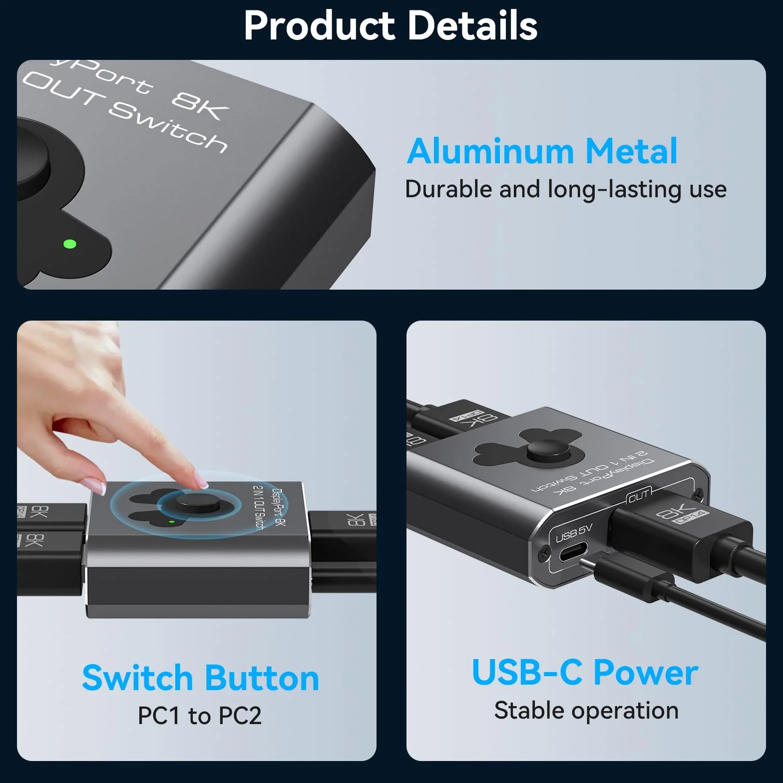 Switch Display Port 2 In 1 Out 8K60Hz 4K144Hz Displayport 1.4 DP Compatibile TV Monitor Proiettori