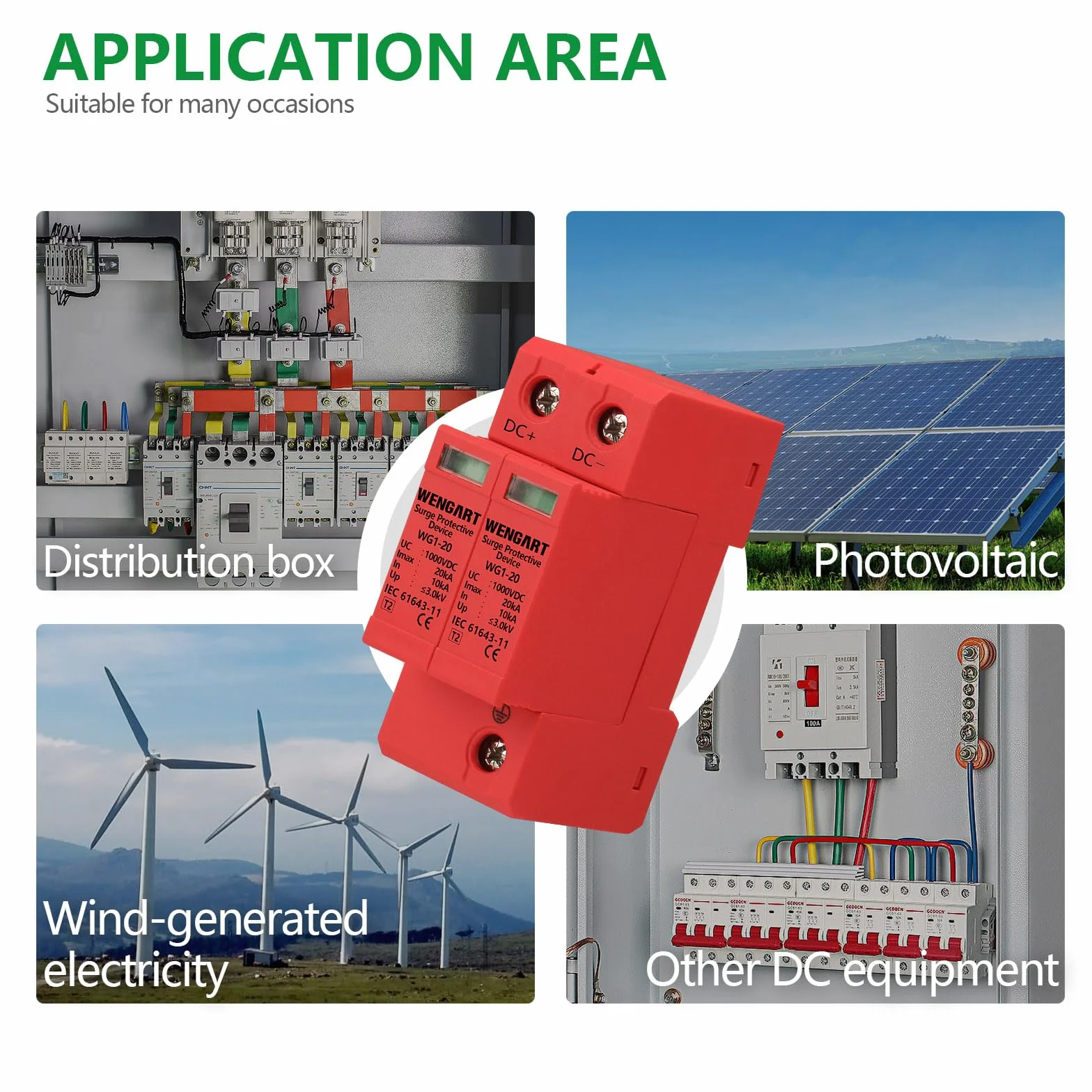 Wengart Scaricatore di Sovratensione DC 1000V 2P SPD 10-20kA Protezione Fulmini Fotovoltaico Guida DIN 35mm