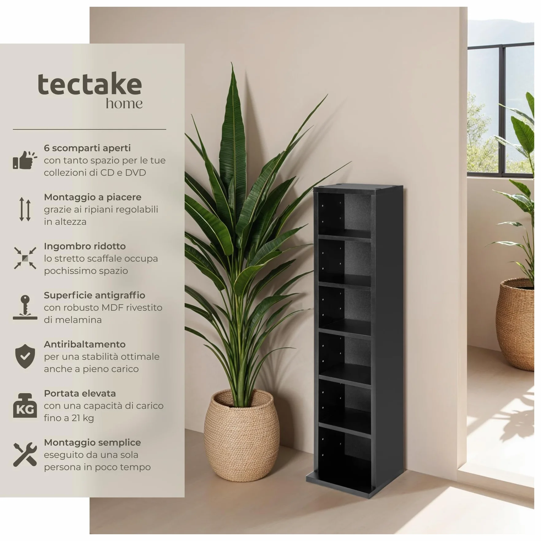 Tectake Scaffale Porta CD DVD 102 CD 6 Piani MDF Rivestimento Plastico 90x21x20 cm Nero