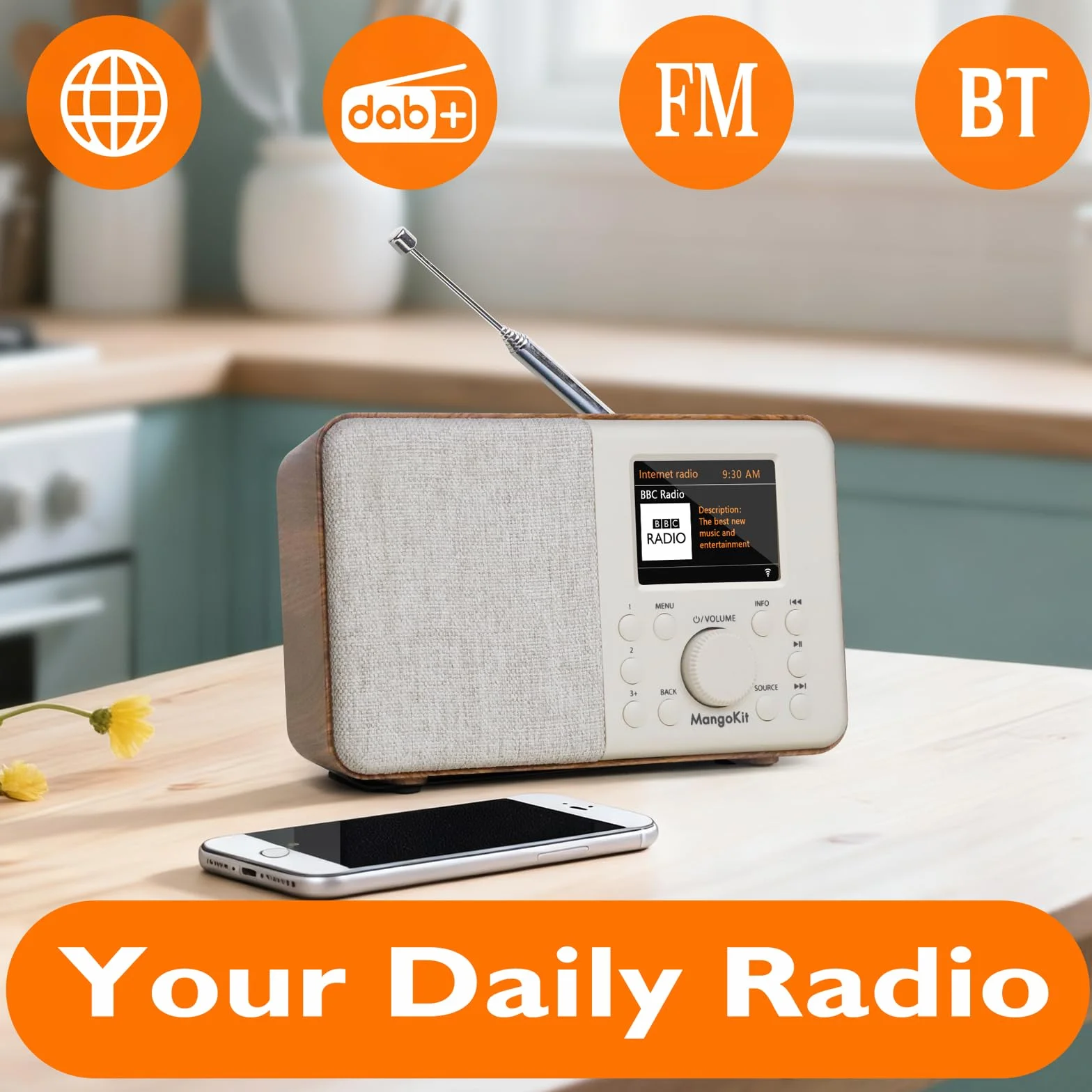 SR10 Internet Radio DAB+ Wi-Fi Lettore Podcast Bluetooth FM Cucina Doppio Allarme Noce