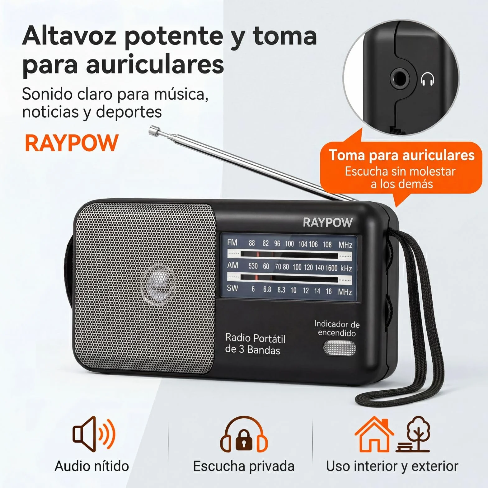 Radio portatile FM AM SW8~SW18 3 bande transistor, altoparlante potente, funziona con 2 batterie AA