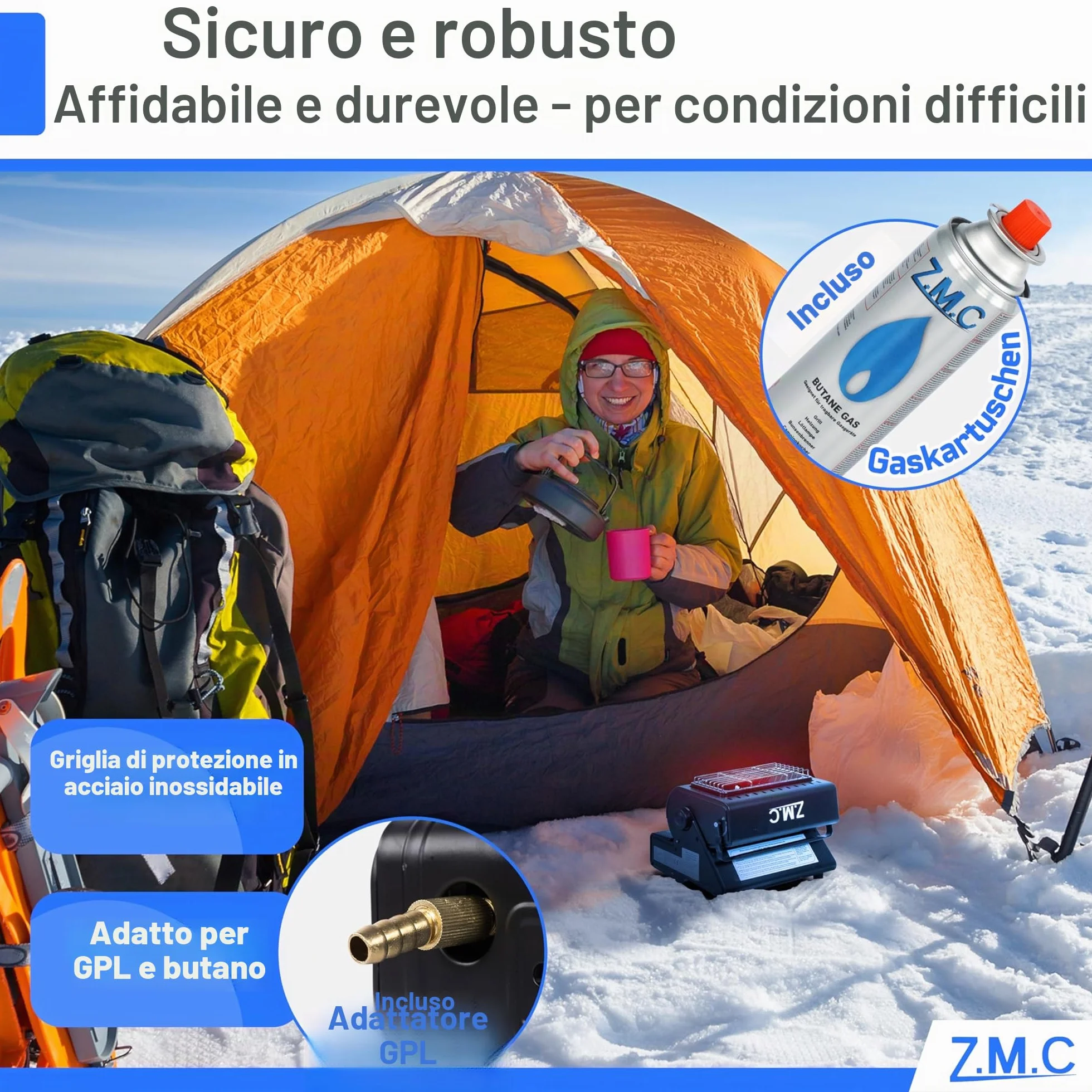 Z. M.C 2-in-1 Riscaldamento a Gas e Fornello a Gas con LPG Collegamento + 4 Cartucce di Gas 227g, Campeggio Riscaldamento 1,3 kW, Stufa per Esterno con Bruciatore Piezo