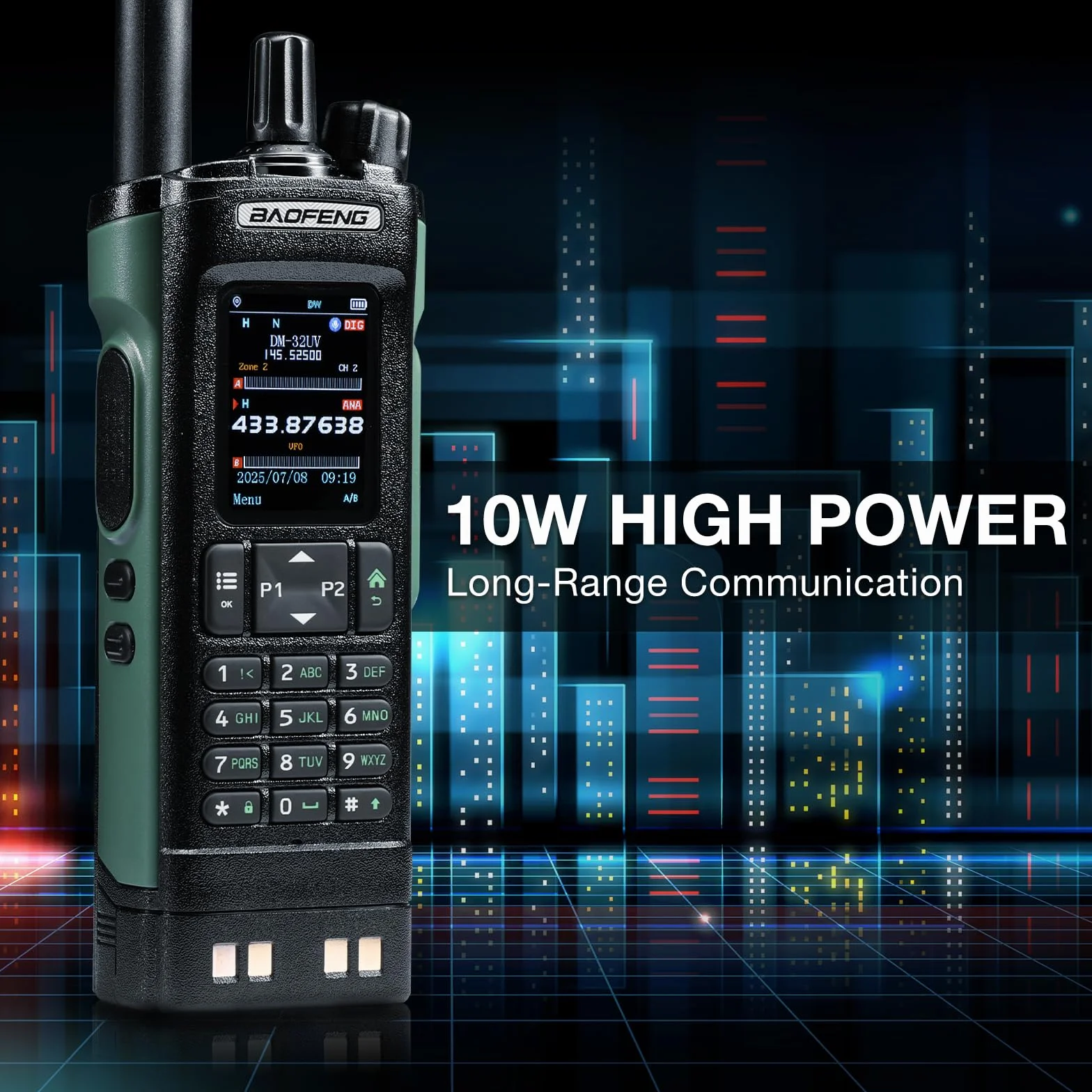 Radio BAOFENG DM-32UV DMR 10W portatile UHF/VHF/AM/FM con GPS e APRS digitale, doppio slot Tier II, display 2", 4000 canali, zielona
