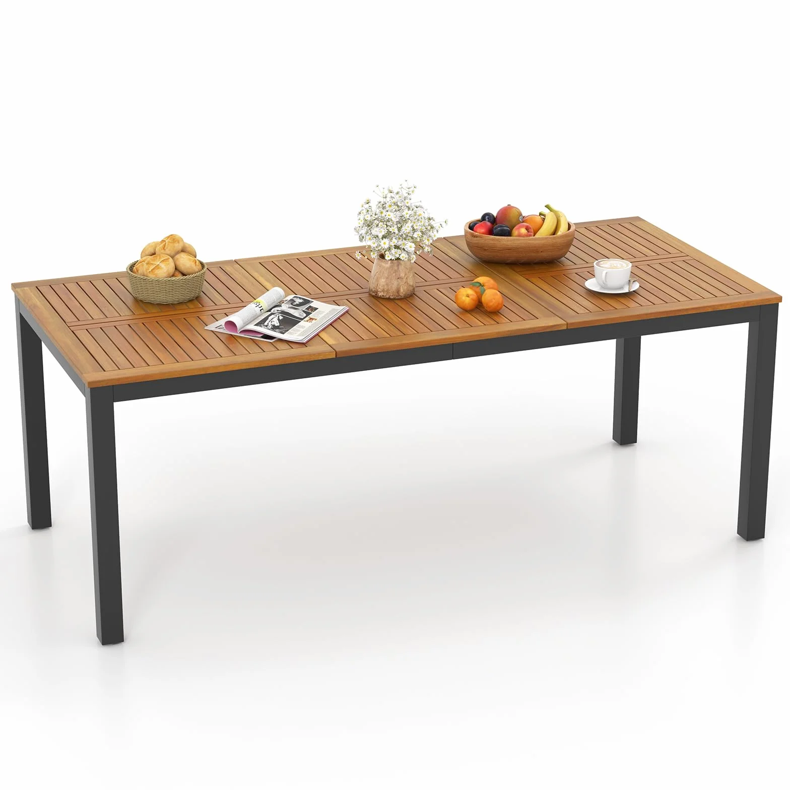 COSTWAY Tavolo da Pranzo a 8 Posti, Tavolo da Giardino 200 cm in Legno di Acacia, con Foro per Ombrellone da 5 cm, Gambe in Metallo, per Giardino, Cortile, Portata 75 kg (Modello 1)