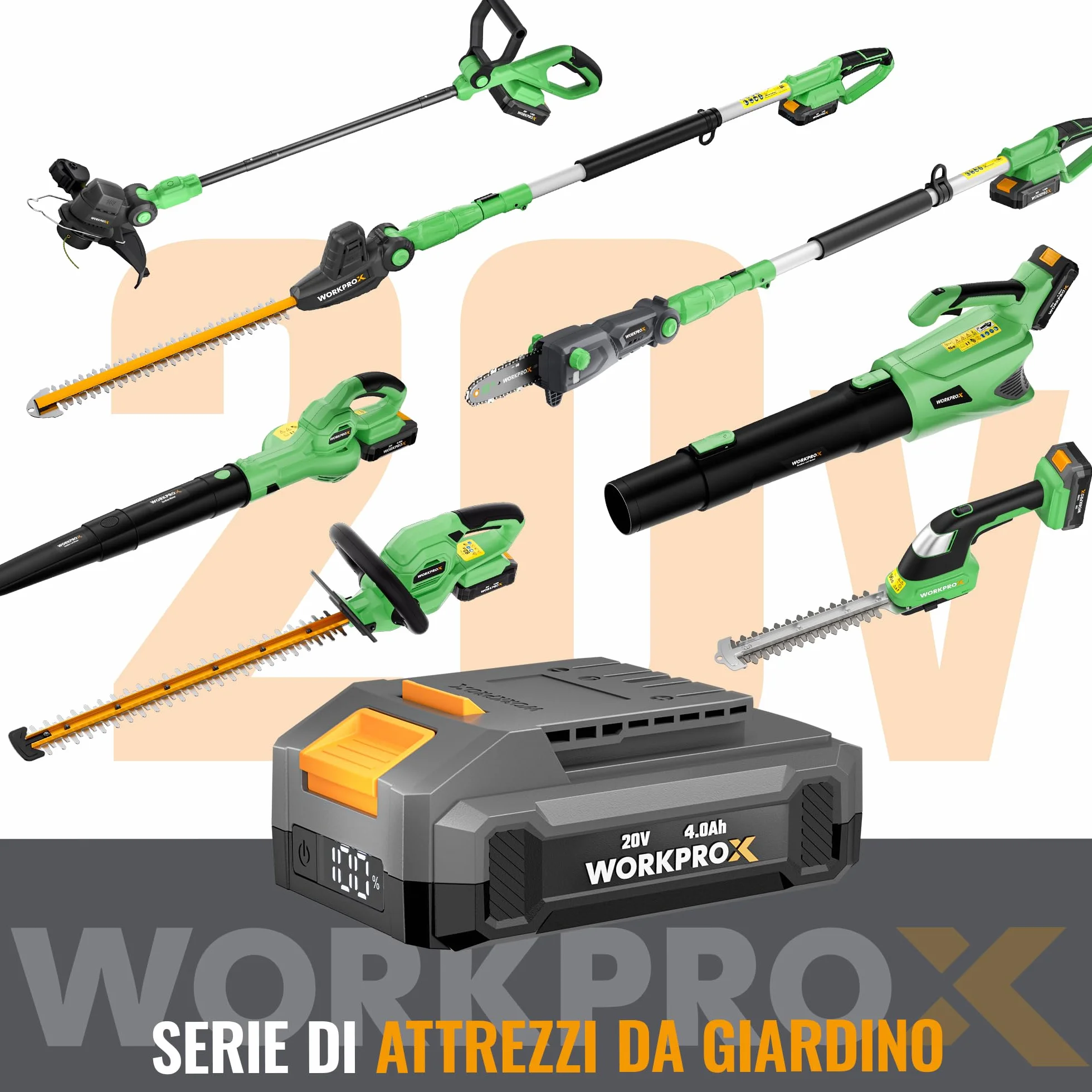 WORKPROX Soffiatore per Foglie 20V con Batteria, Flusso d'Aria Potente 222KM/H, Capacità 290 M³/H, Soffiatore per Giardinaggio