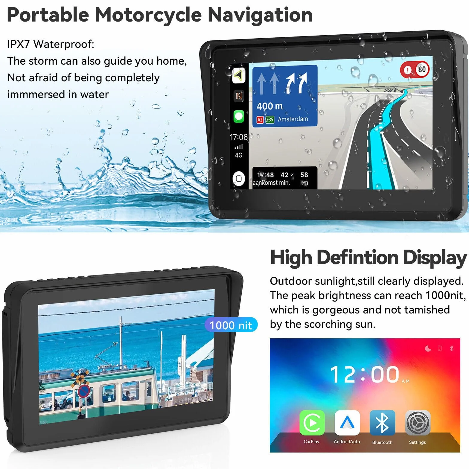 Euakee 5 Pollici Impermeabile Touch Screen Moto Car-play & Android Auto Navigatione GPS Wireless 1000 Nit