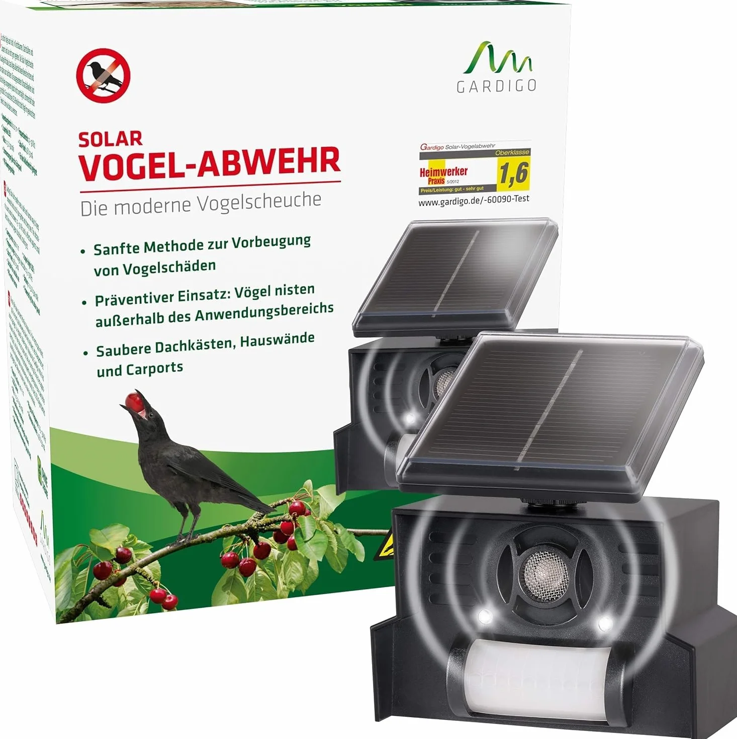 GARDIGO® Dissuasore per Piccioni | Ultrasuoni per Piccioni | Spaventa Uccelli con Pannello Solare | Deterrente Uccelli con Luce Flash a LED | 23-50 kHz | Copertura 110°/7 m | Antipiccioni