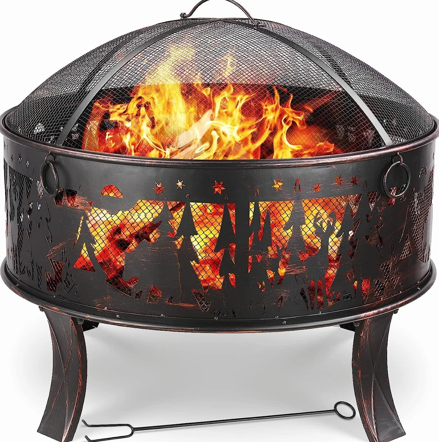 TLGREEN Braciere da giardino, braciere da Esterno con parascintille, stabile, fire pit 71 x 65 cm, con griglia per poker, 4 PCS piede, campeggio, spiaggia, tetto, look retrò, squisito motivo alce
