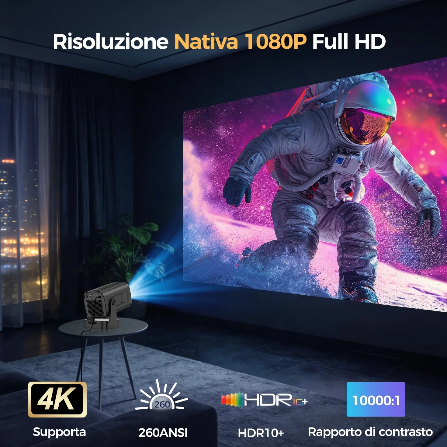Alwtniet Proiettore 4K 1080P Portatile Android WiFi 6 BT 5.4 260ANSI HY310 Mini Projector HDMI USB