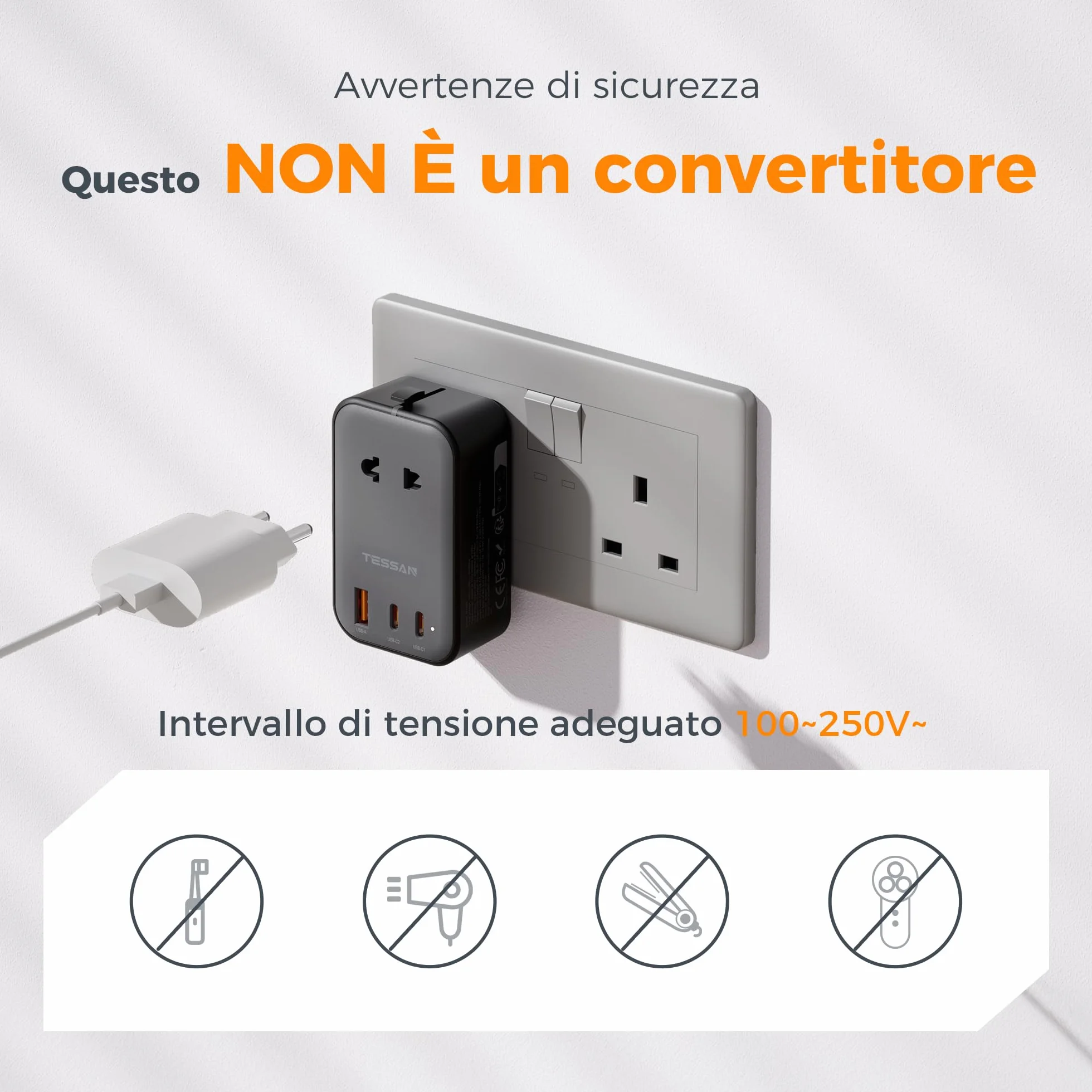 TESSAN Adattatore Universale da Viaggio con 2 USB C PD 20W e 1 USB A, Worldwide Travel Adapter per Presa Inglese Americana Australia Thailandia Giappone