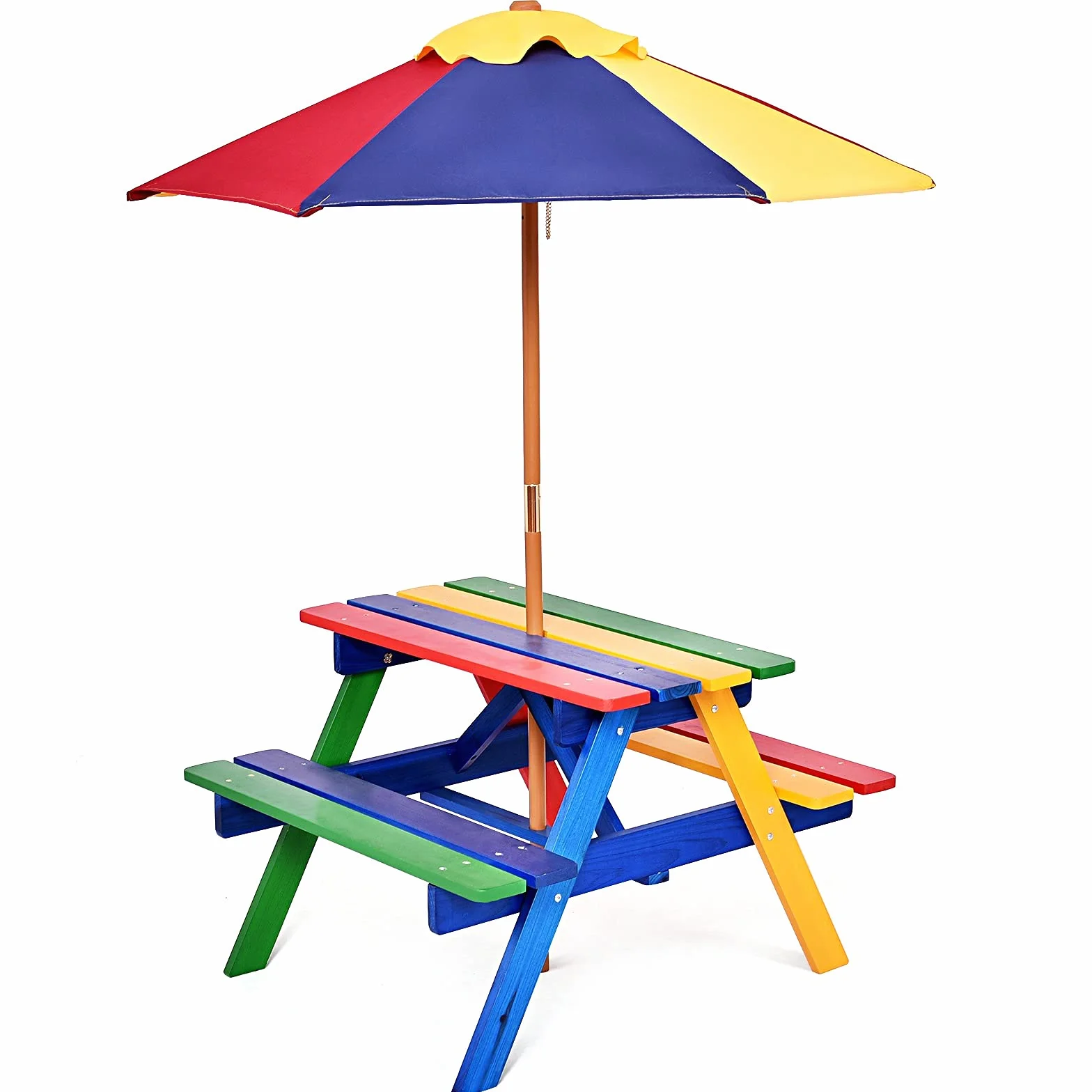 GIANTEX Set di Tavolo Picnic per Bambini in Legno Massiccio con Ombrellone, Set da Giardino per Bambini 1 Tavolo e 2 Panche Colorato per Giardino, Balcone, Campeggio