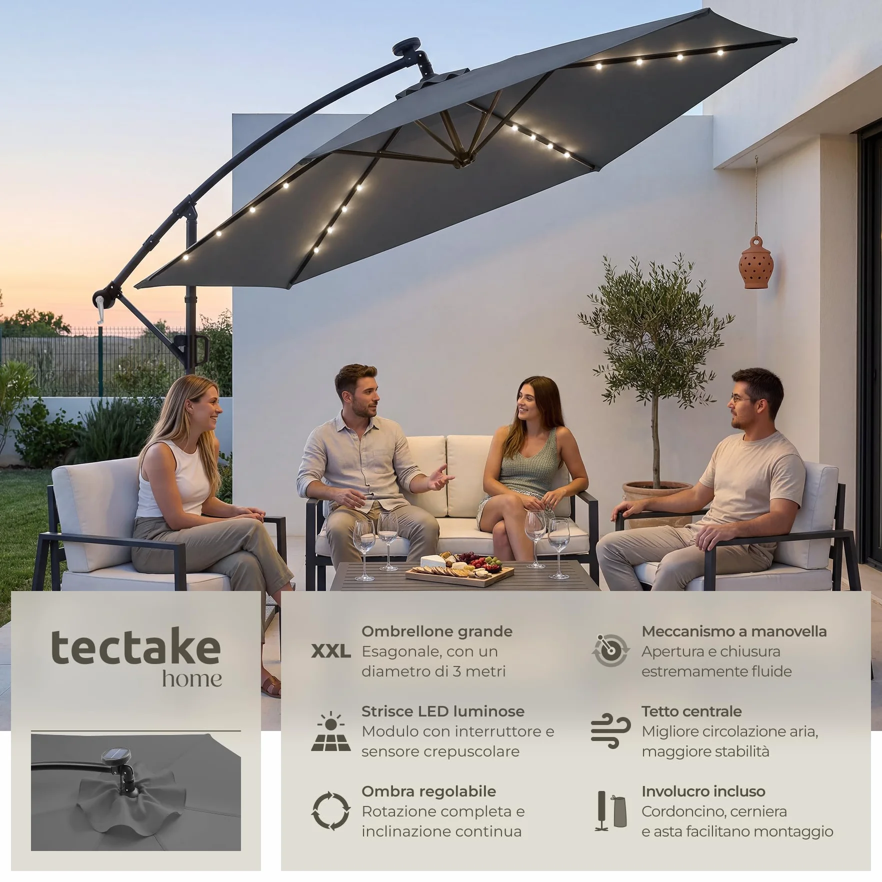 tectake® Ombrellone da Giardino 3x3 m, Ombrellone a Braccio Girevole 360° con Strisce Led a Energia Solare, Protezione UV 50+, Idrorepellente, Inclinabile, Base in Acciaio a Croce, Manovella