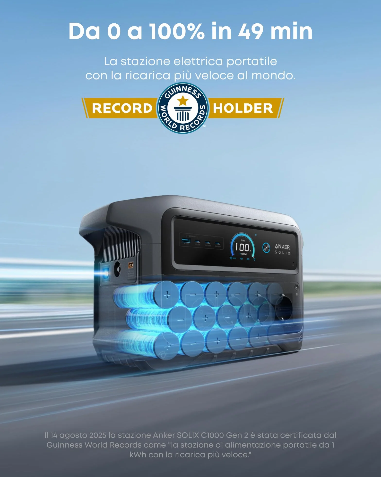 Anker SOLIX C1000 Gen 2 stazione di energia portatile, generatore solare da 2000W (picco 3000W), ricarica completa in 49 minuti, batteria LiFePO4 da 1024Wh per backup domestico, interruzioni di corren