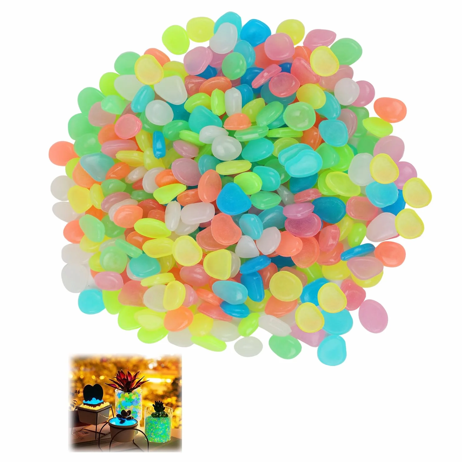 300 Pezzi Pietre Luminose da Giardino, Sassi Decorativi Luminosi per Esterni e Interni, Sassi Luminosi da Giardino, Pietre Luminose Brillano al Buio, Sicure e Eco-Friendly (Colorati)