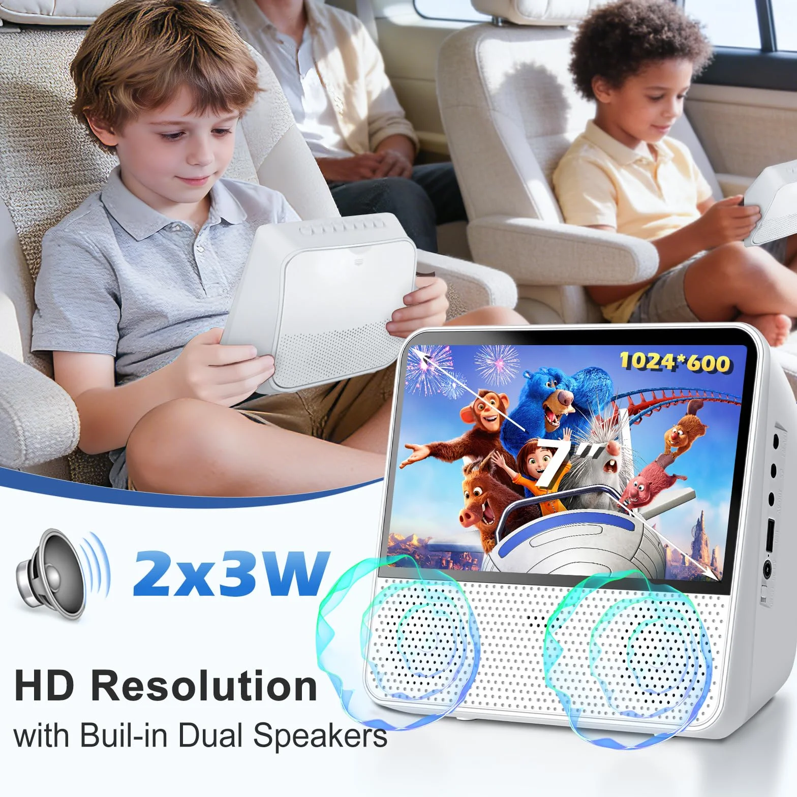 Lettore DVD Portatile Bluetooth 4000mAh Ricaricabile Region Free per Auto con Altoparlanti Integrati Doppi