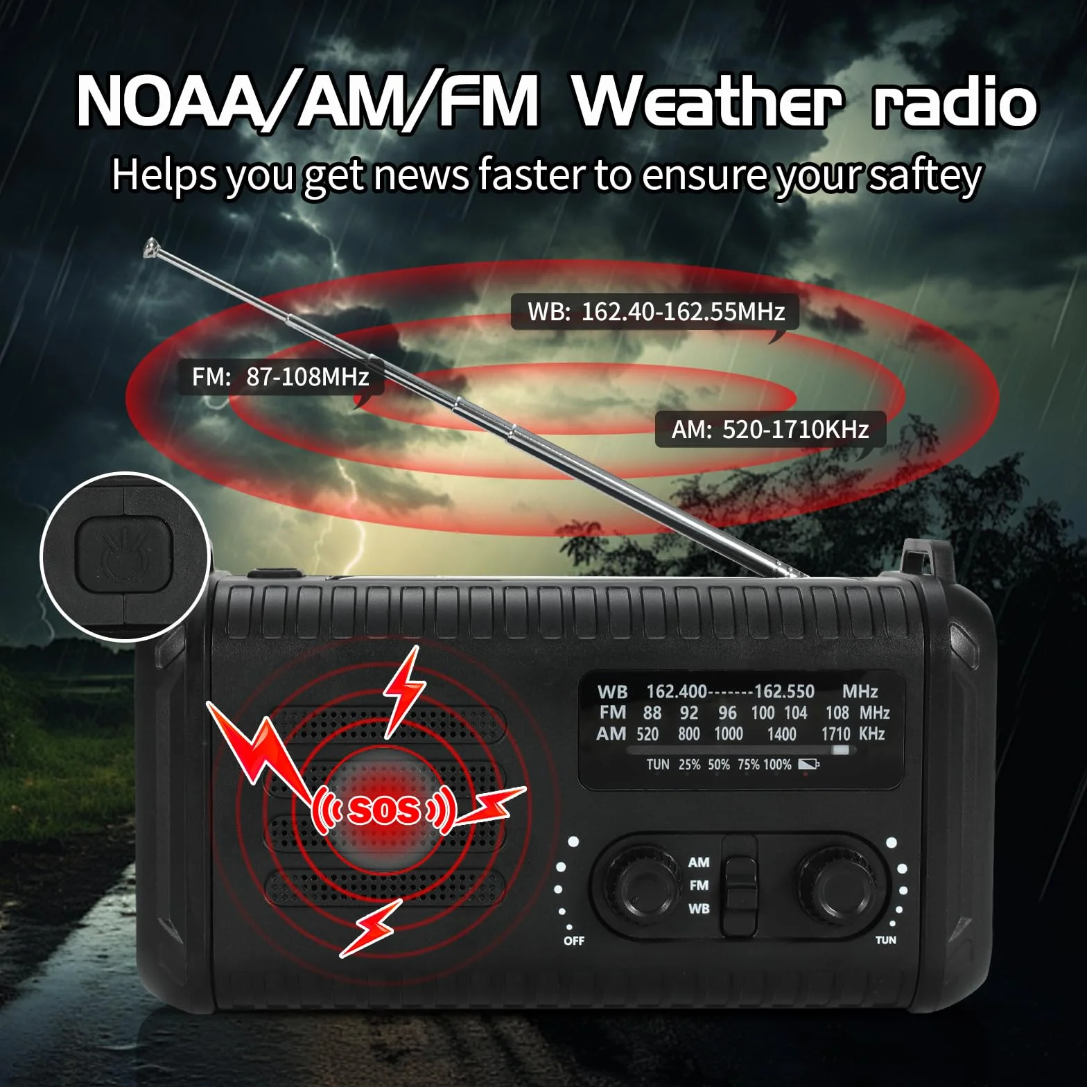 Radio meteorologica di emergenza 20000 mAh AM/FM/NOAA a manovella con torcia e lampada da lettura