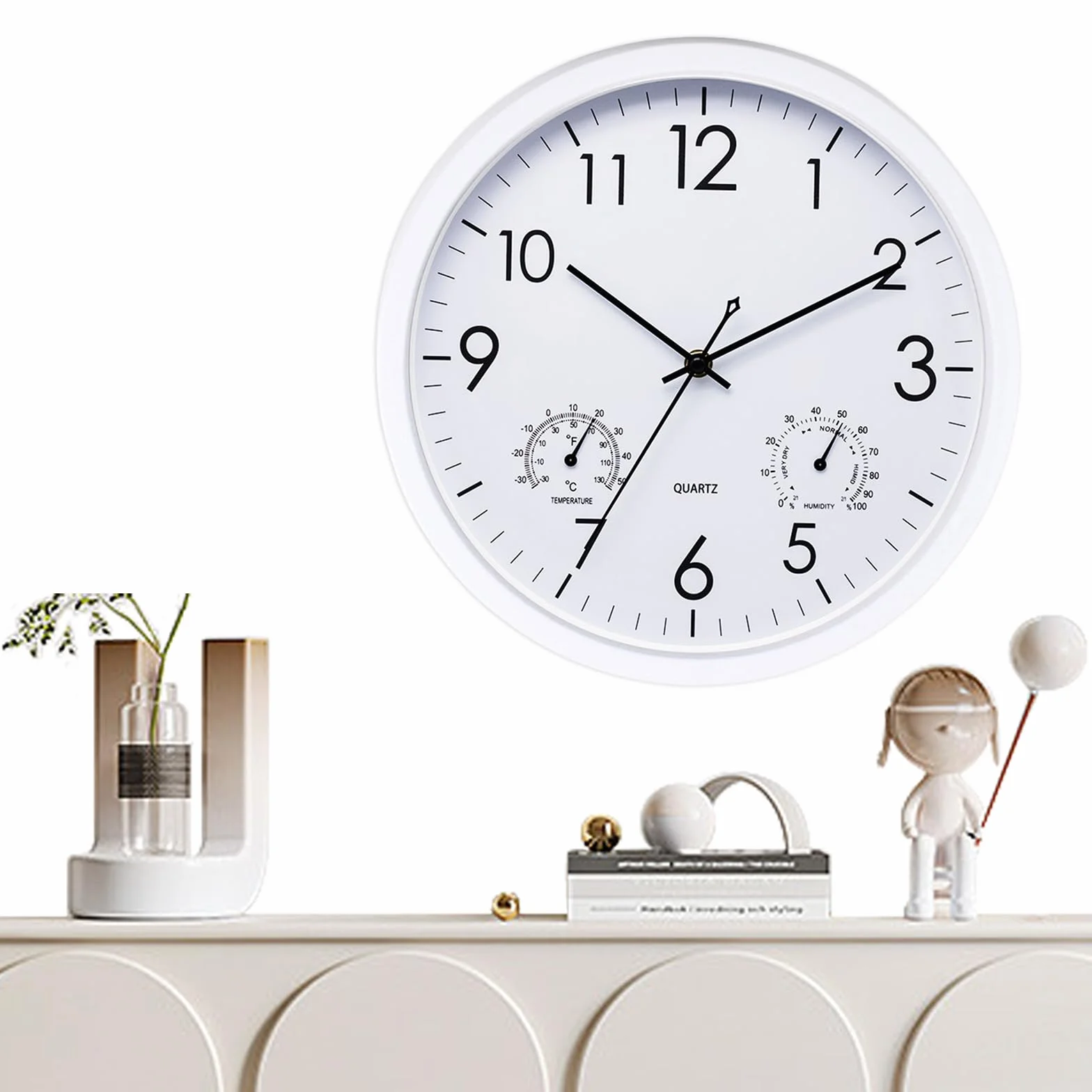 BYZESTY Orologio Da Parete, Orologio Da Giardino, Orologio Da Esterno, Per Interni Ed Esterni, Resistente Alle Intemperie, Con Termometro E Igrometro, Orologio Da Esterno Da 12 Pollici (Bianco)