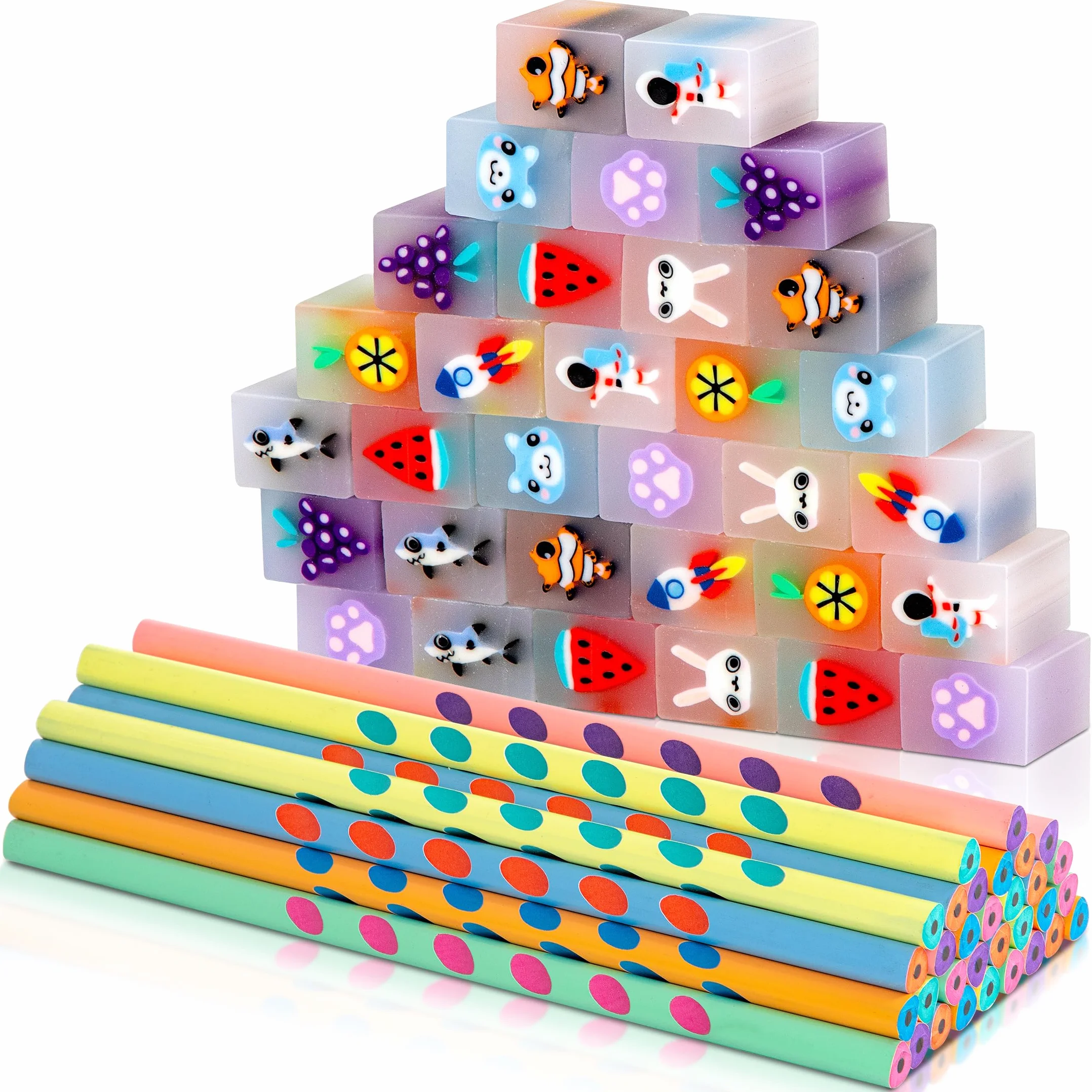 64Pcs Matite con Gomma Bambini, Gomme Cancellare Divertenti, Matite Bambini Regalini Festa Compleanno