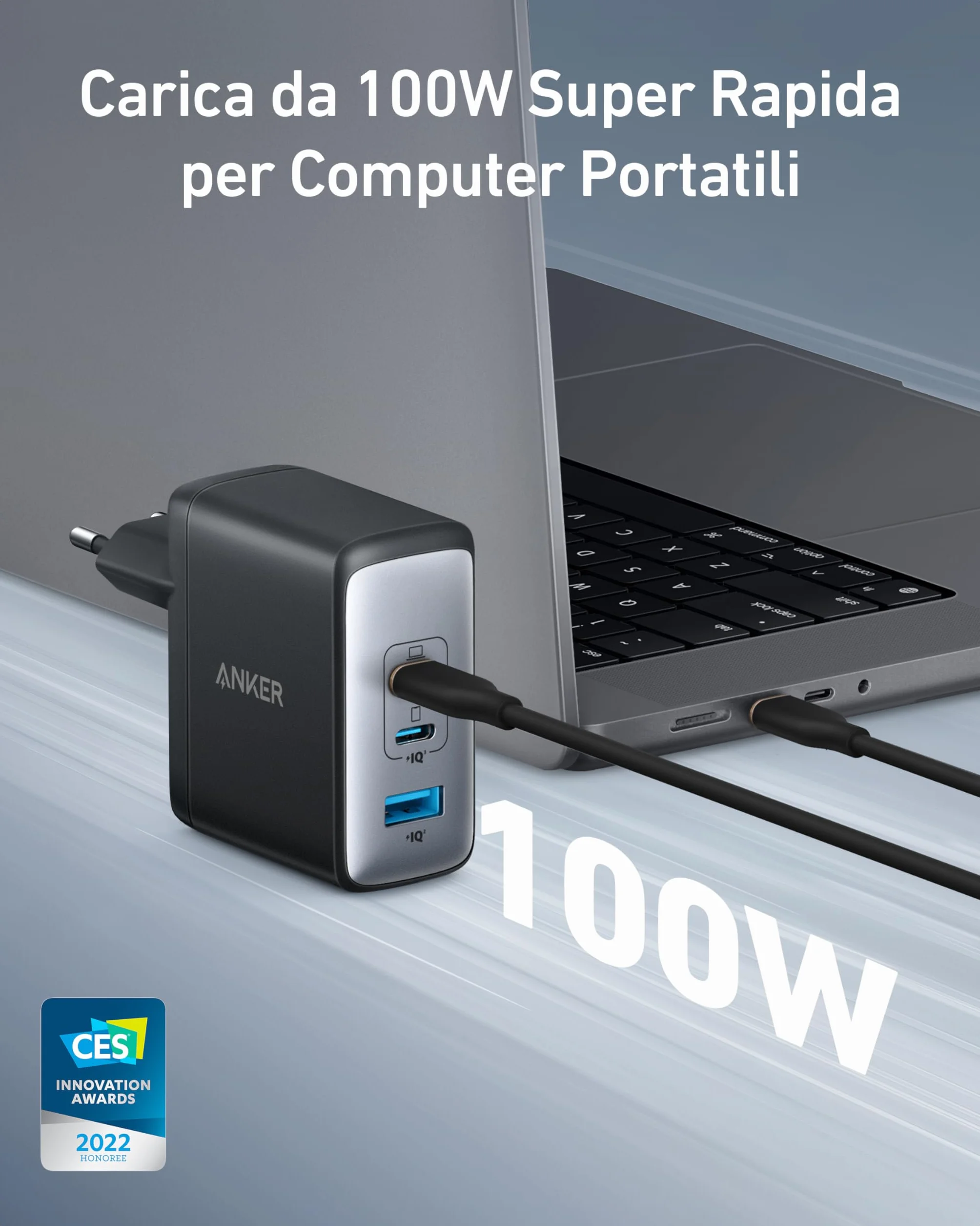 Anker Caricatore USB C 736 da 100 W Nano II, 3 Porte, per MacBook Pro, Google Pixelbook, Dell XPS, iPad Pro, iPhone 17 Pro Max, Samsung S25 Ultra