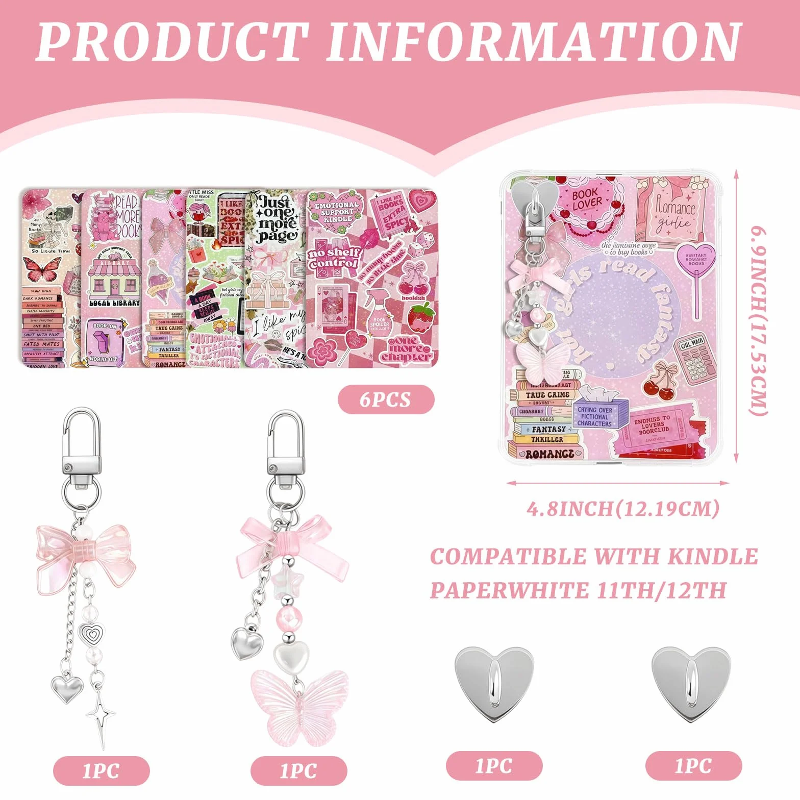 Set Decorativo Rosa VelvetGlow 6 Inserti e 2 Ciondoli in Perla per Custodia E-Reader Compatibile con Paperwhite 11ª/12ª Gen