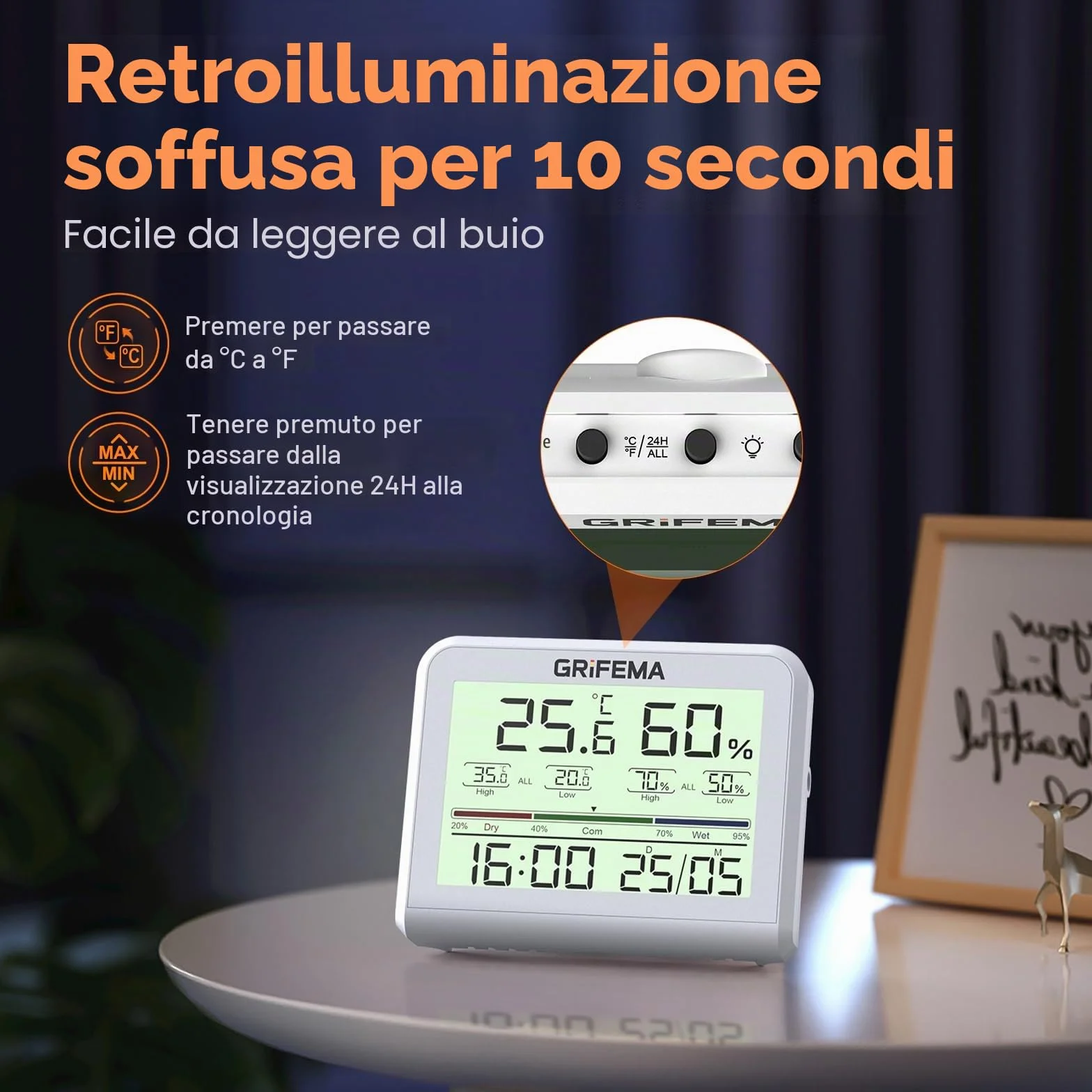 GRIFEMA GA2901 Termometro Igrometro Digitale con Retroilluminazione, Registrazione Max/Min, Bianco