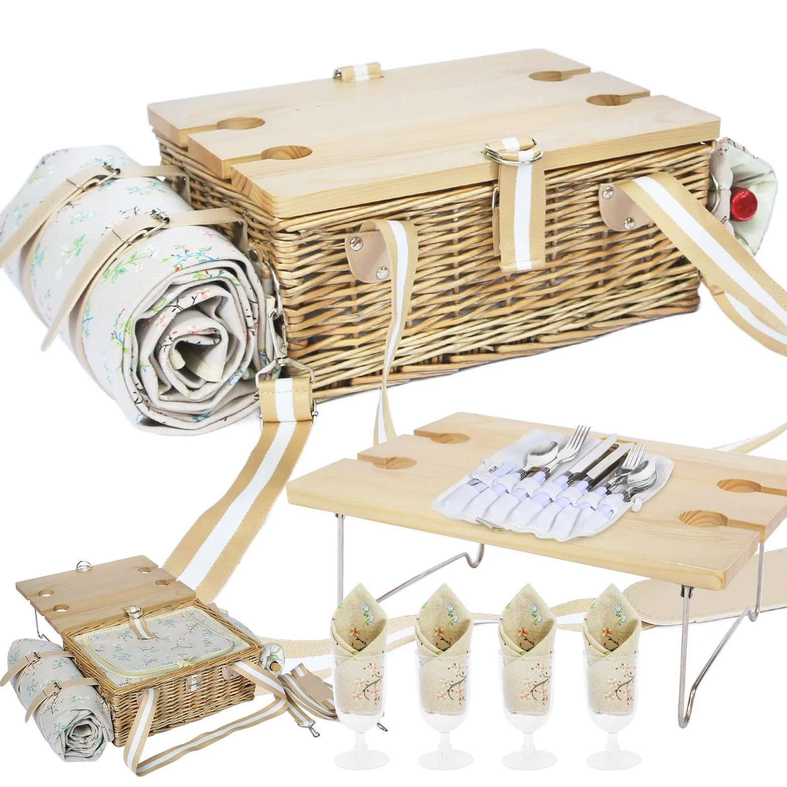 Set di cestini da picnic con tavolo pieghevole e set di posate, cestino da picnic per 4 persone con tasche fredde, cestino in vimini con manico, set regalo per picnic, campeggio, attività