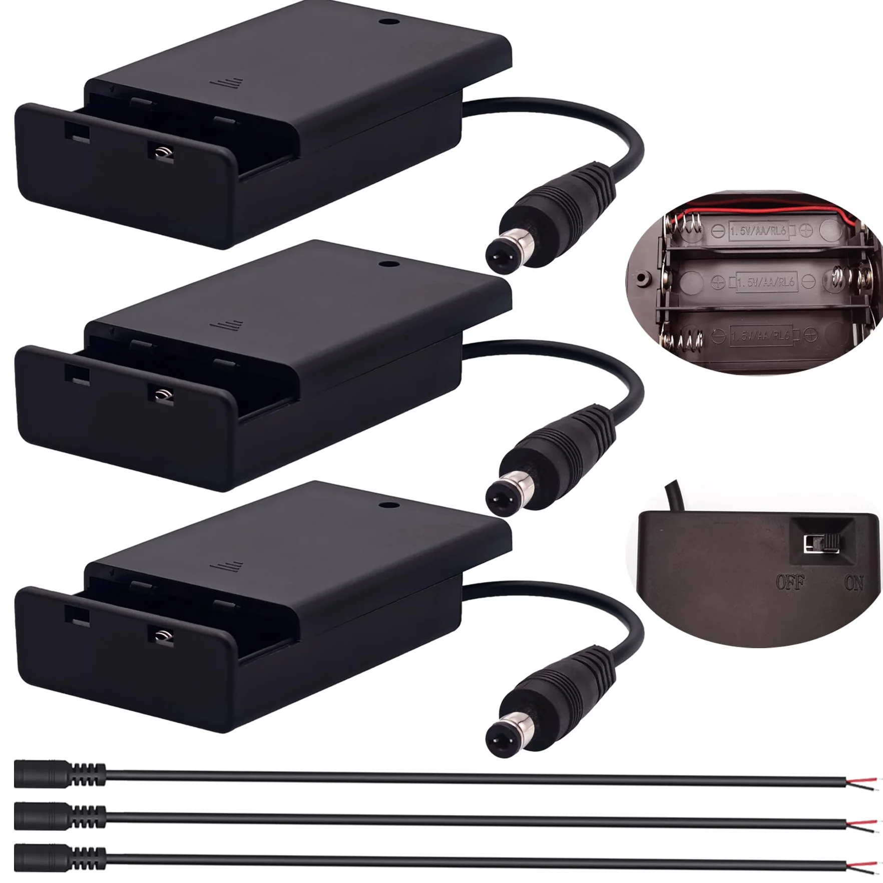 CTRICALVER Porta batterie 3 pile AA con interruttore 4,5V DC maschio cavo 0,3m set 3 per strisce LED DIY