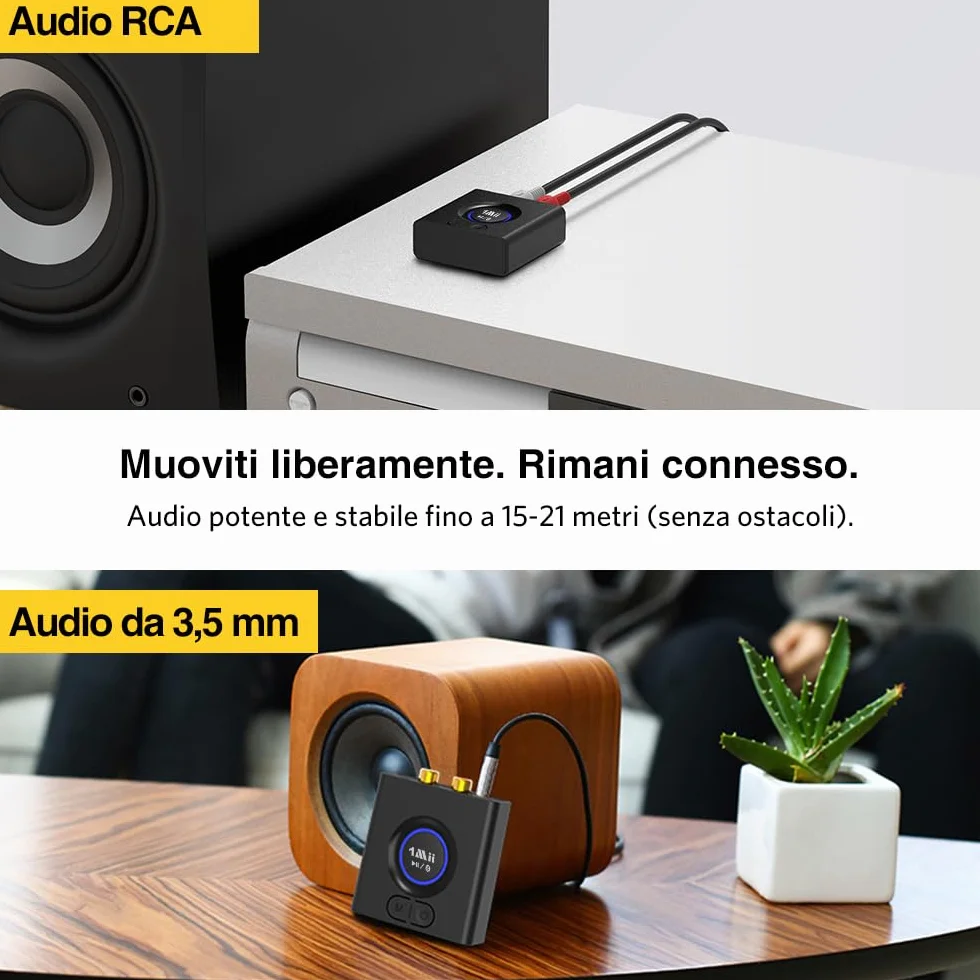 1Mii Ricevitore Bluetooth Senza Fili HiFi, Adattatore Audio Bluetooth RCA/AUX 3,5mm per Impianto Stereo, Autonomia 12H, Bassa Latenza