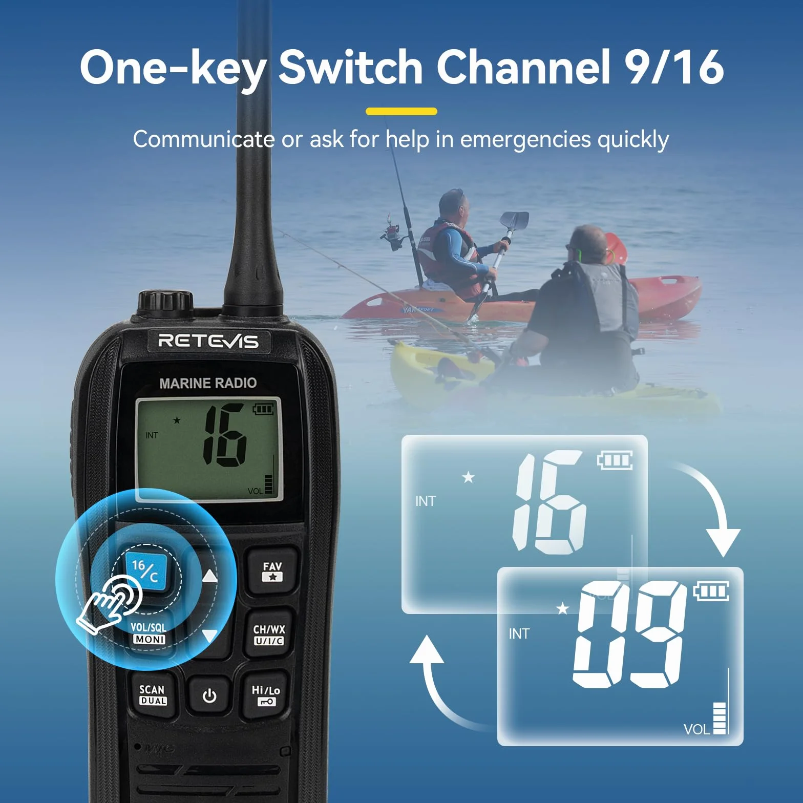 Retevis RM22 VHF Marino Portatile Walkie Talkie Impermeabile IP67 Galleggiante 2200 mAh 88 Canali Radio Marina Bidirezionale