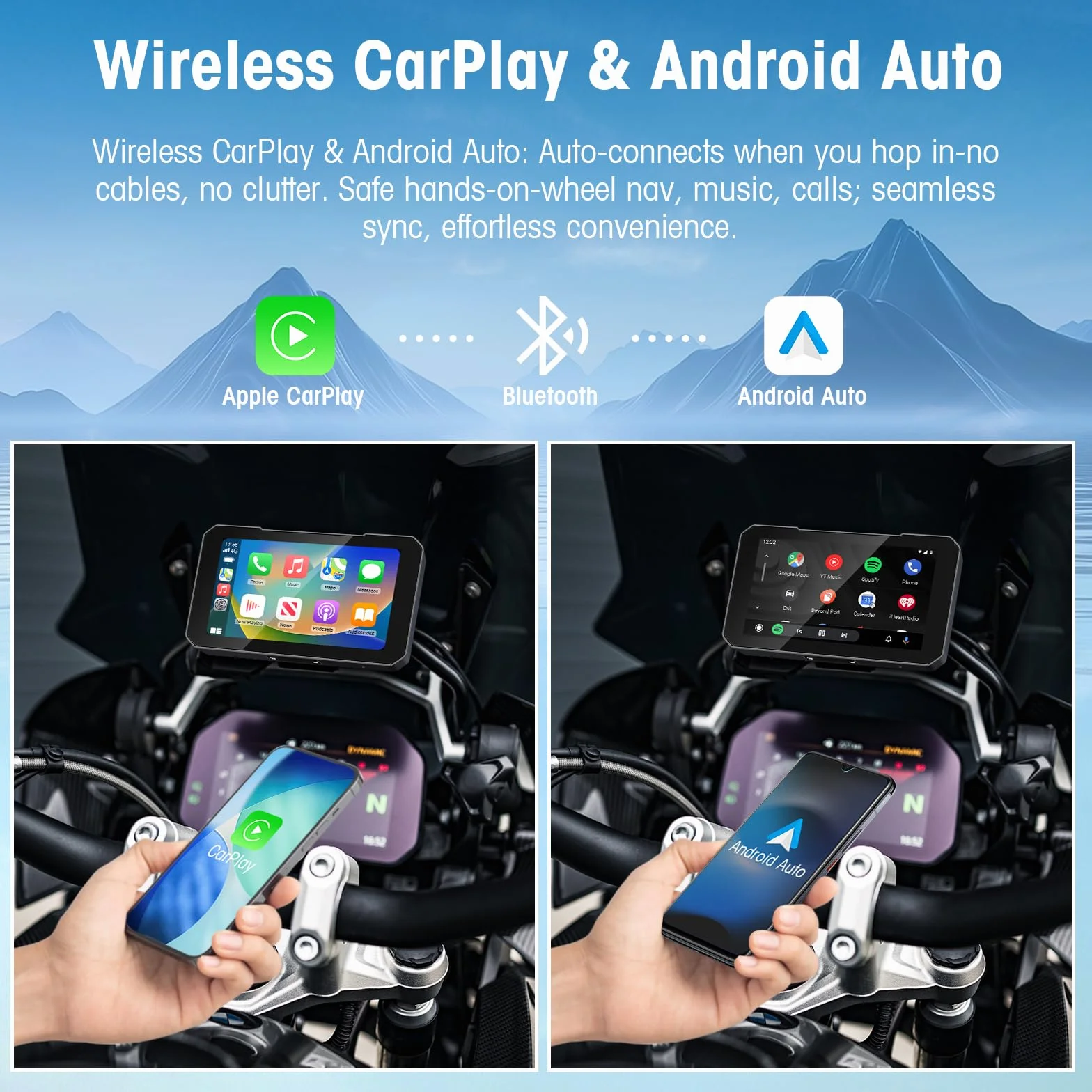 Navigatore Moto Wireless 5 Pollici CarPlay Android Auto GPS Impermeabile IP67 Bluetooth TPMS