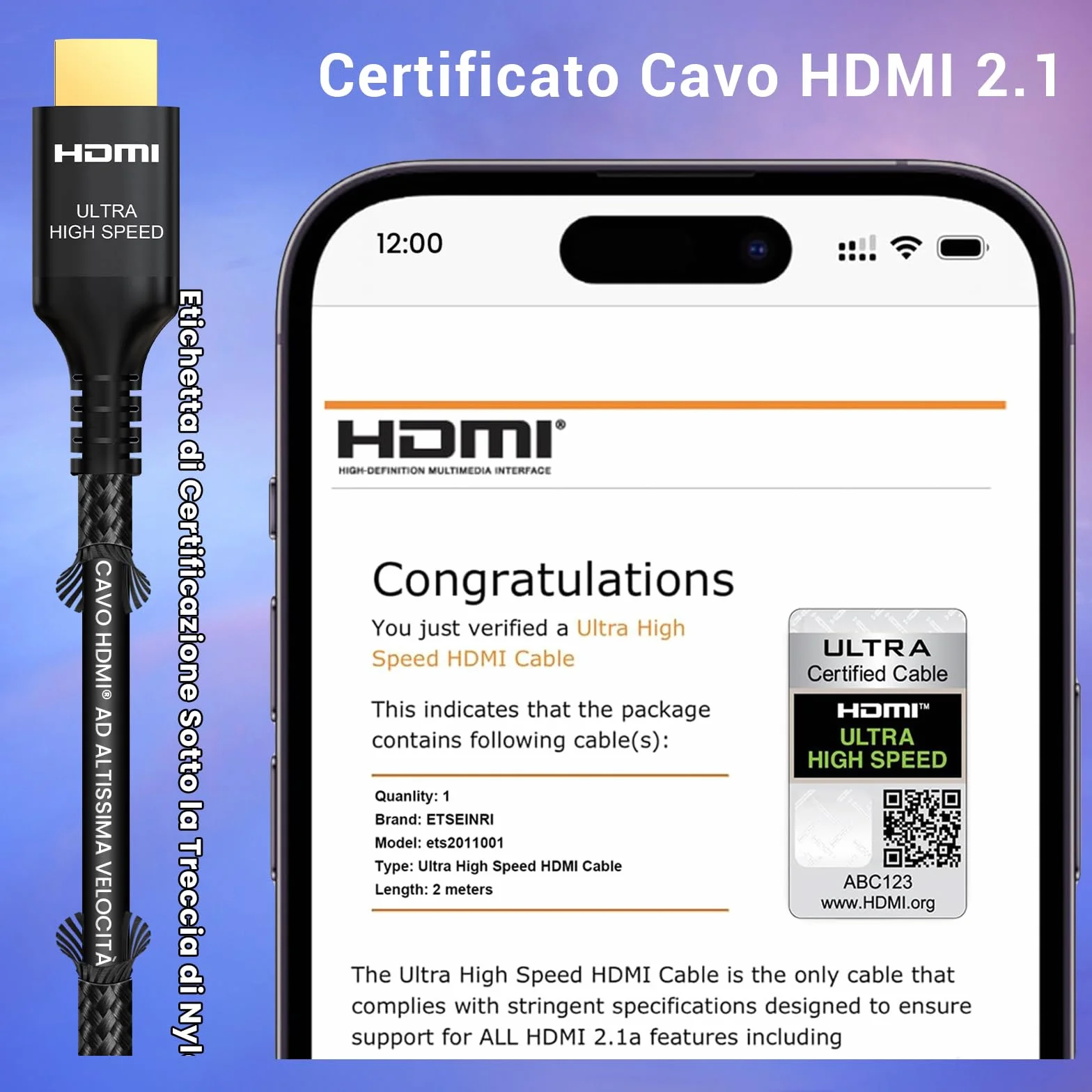 Cavo HDMI 2.1 2M 48Gbps Ultra Alta Velocità 4K 240Hz 144Hz 120Hz 8K 60Hz 10K eARC HDR HDCP 2.3
